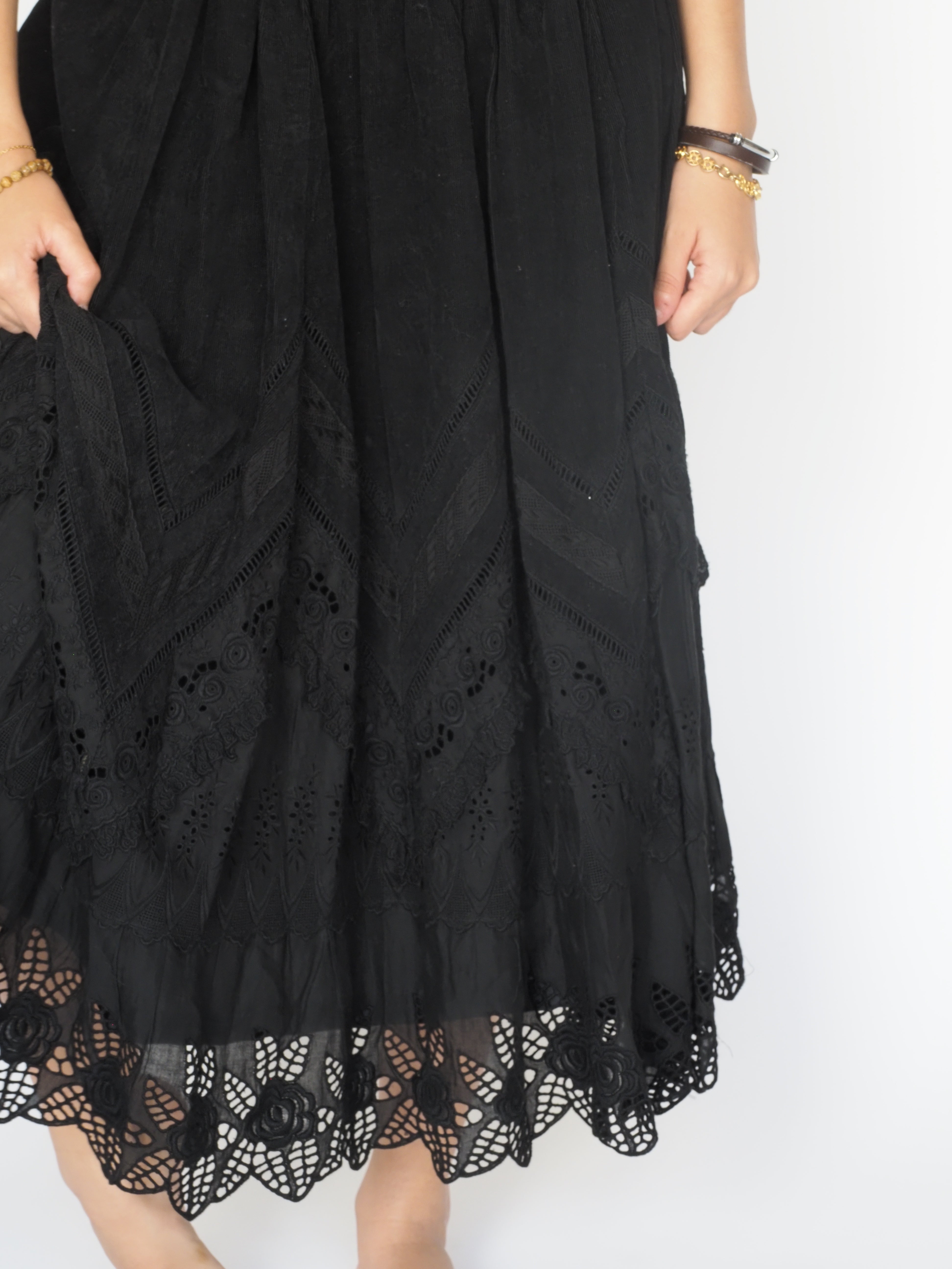 Black Cotton Eyelet Midi Skirt