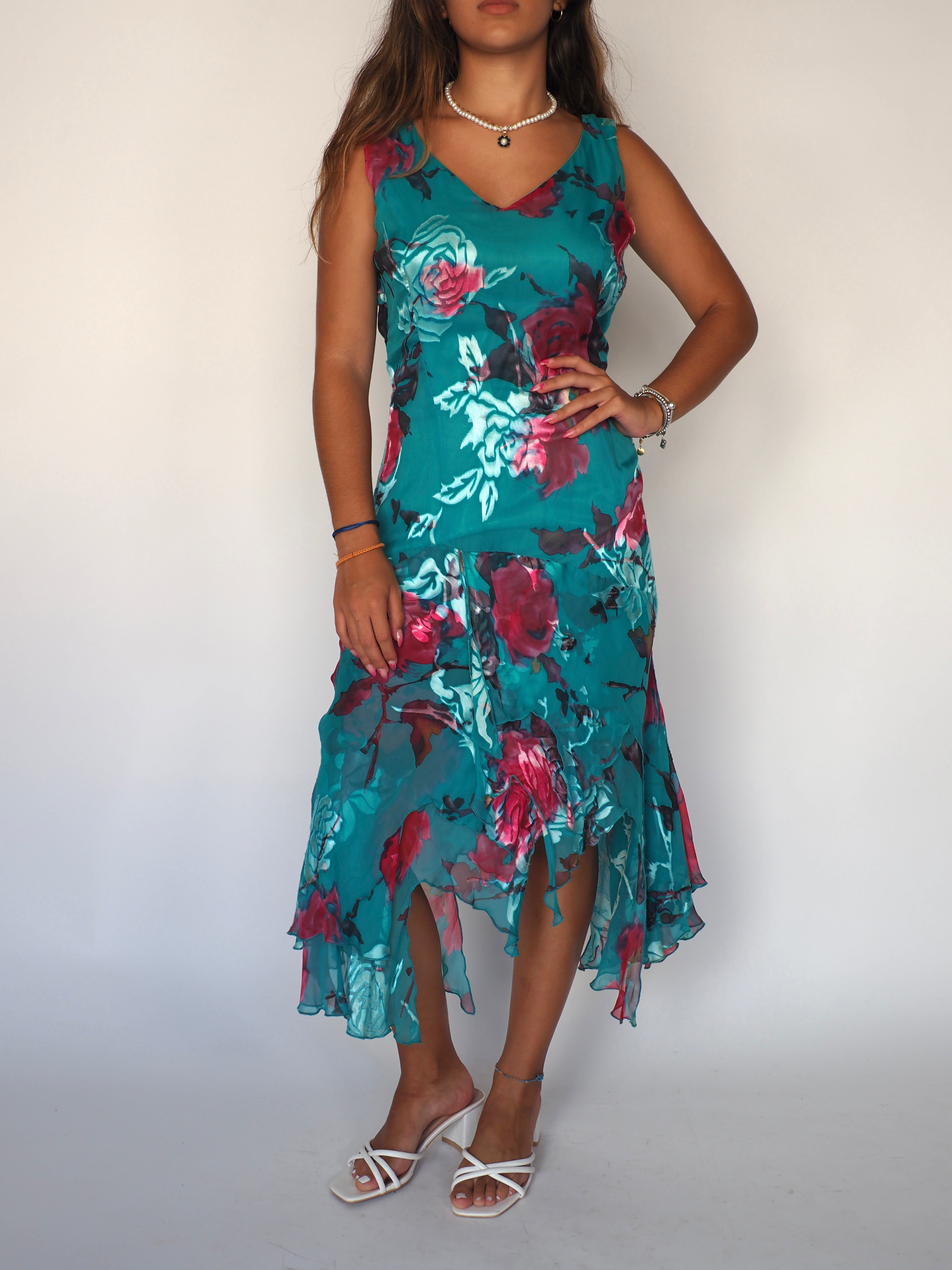 Teal Rose Asymmetric Midi Dress – N|B Nuribel