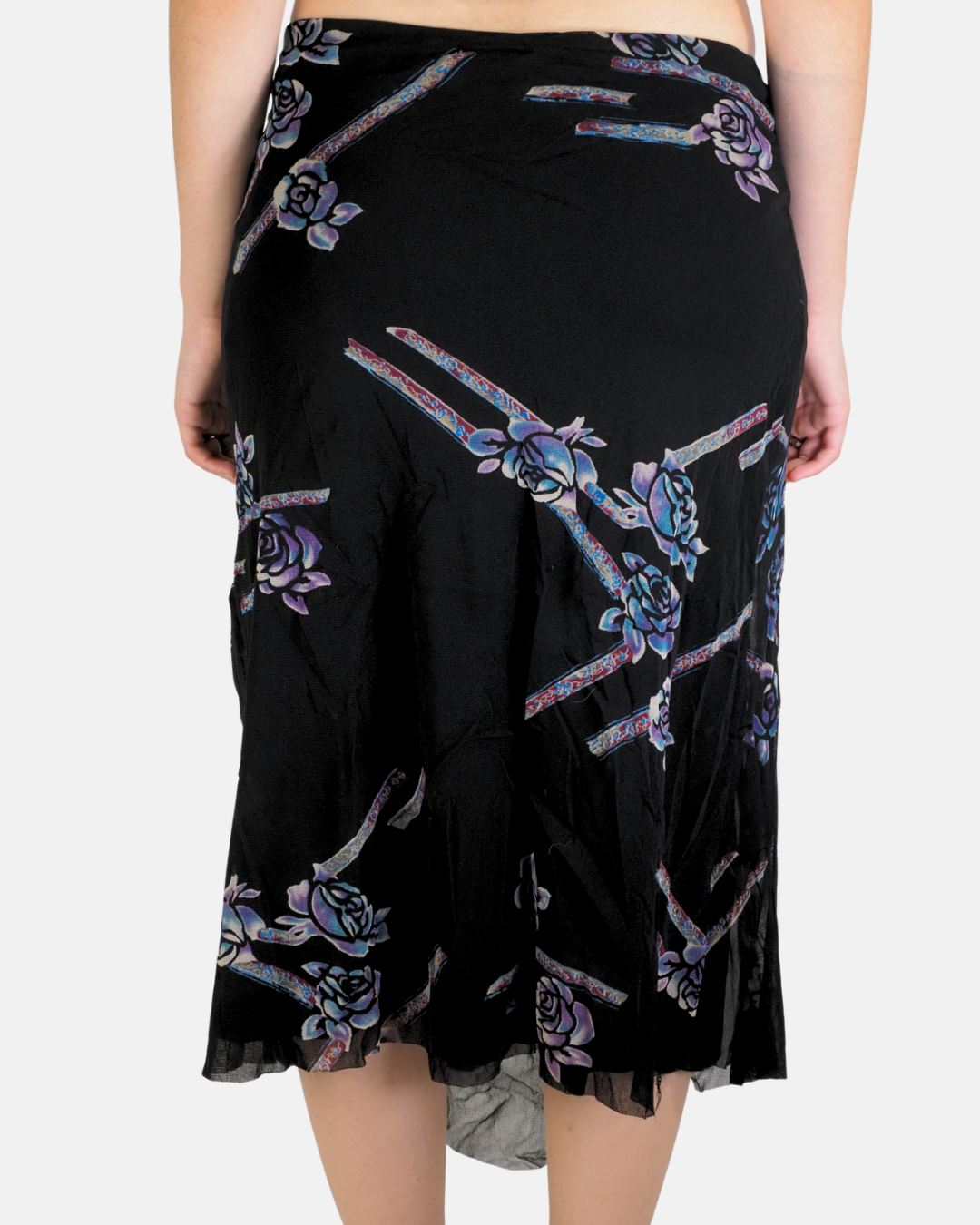 Black Rose Print Asymmetric Midi Skirt - MNG