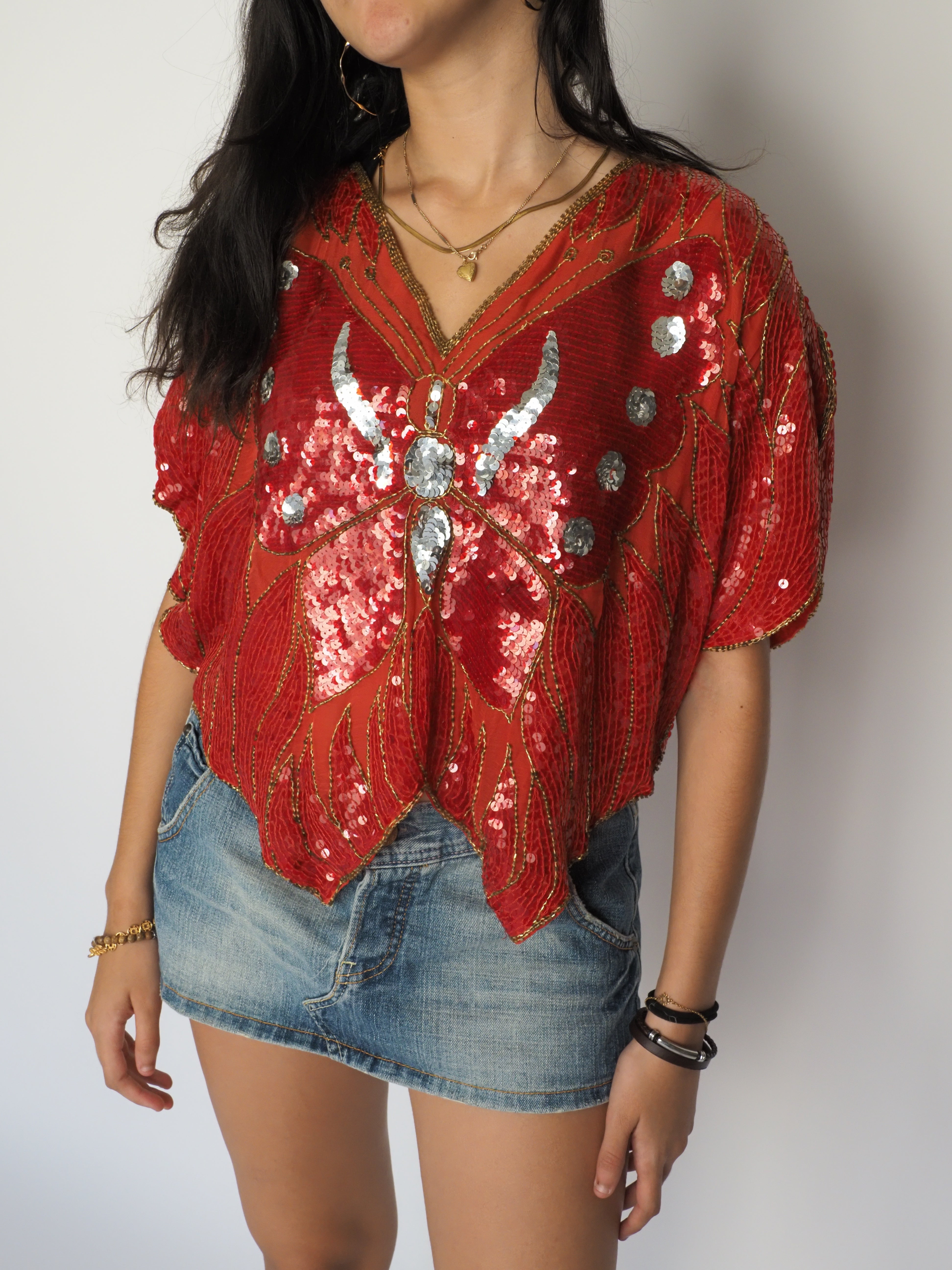 Vintage Red Sequin Butterfly Beaded Blouse