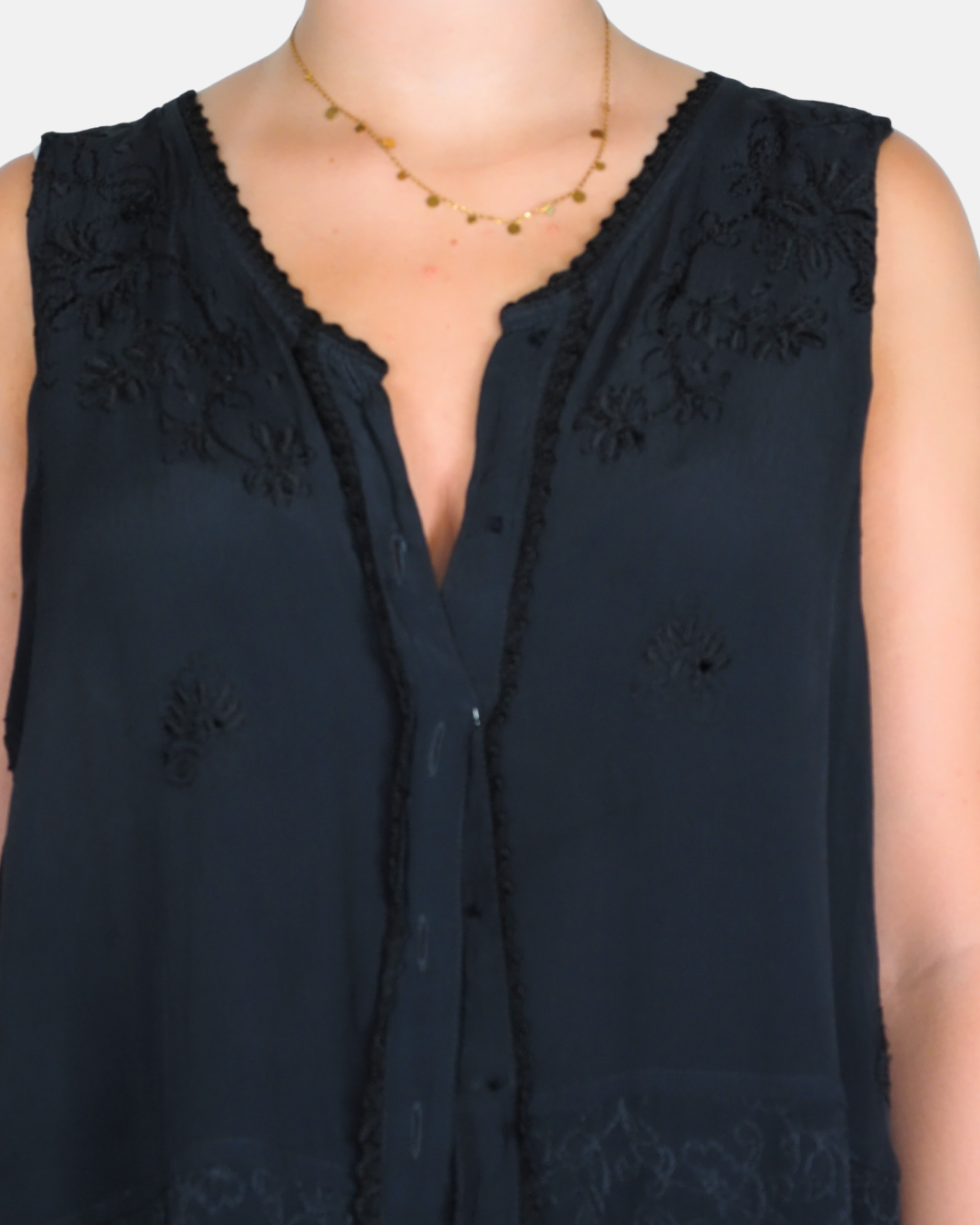 Black Embroidered Sleeveless Tunic Top