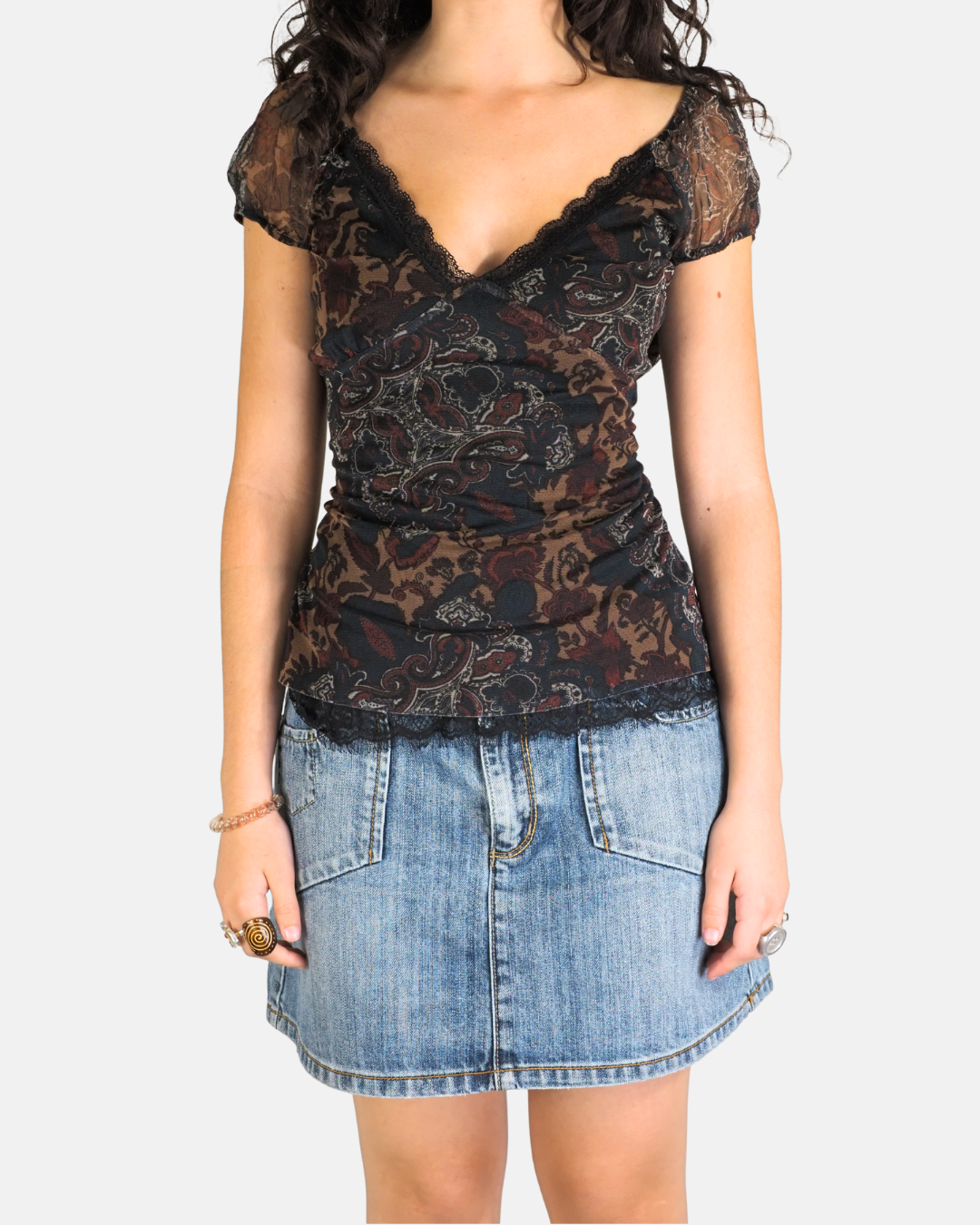 Brown & Navy Paisley Lace Mesh Top - Akè
