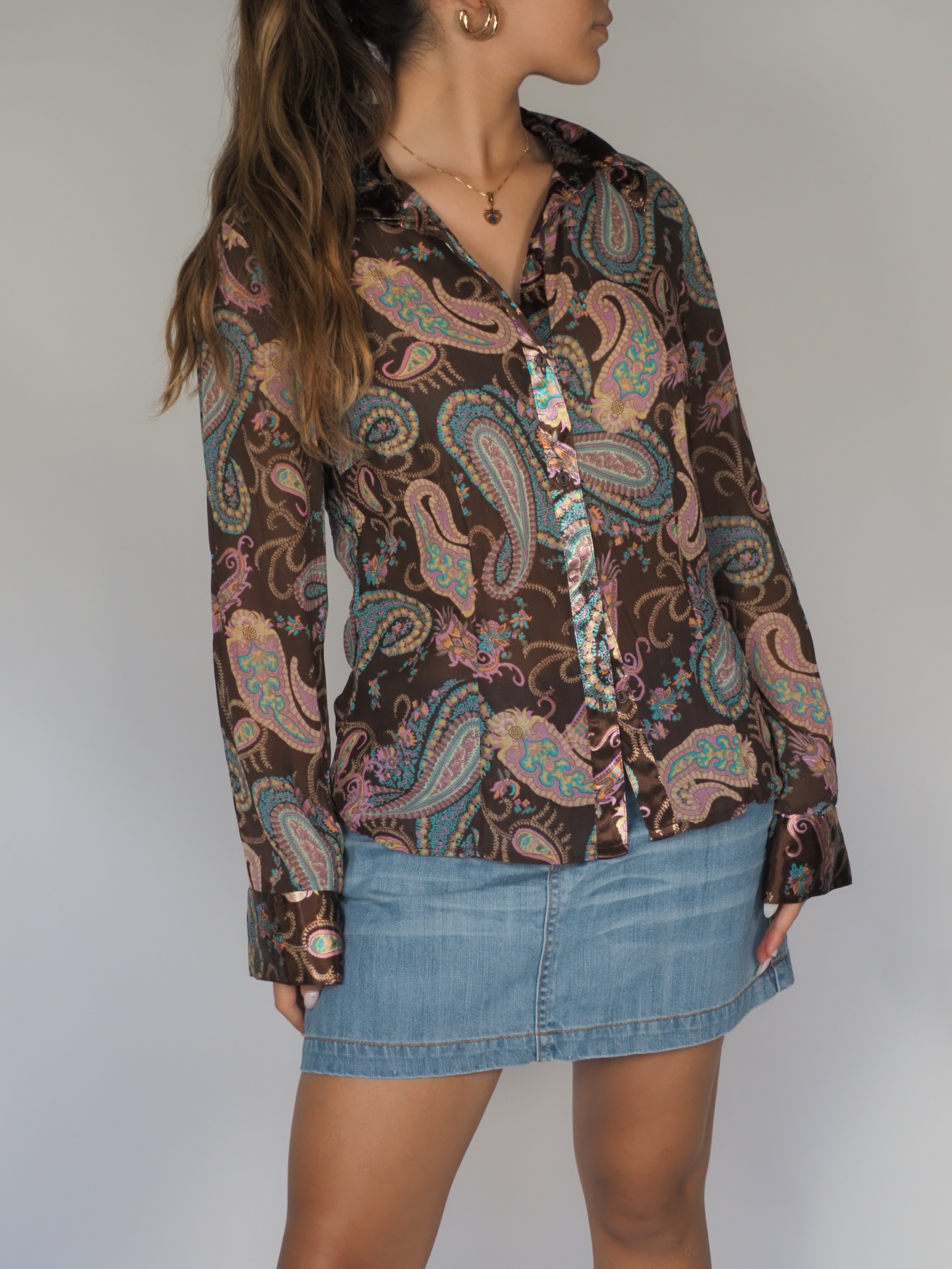Chocolate Paisley Satin Button-Up Shirt – No Boundaries