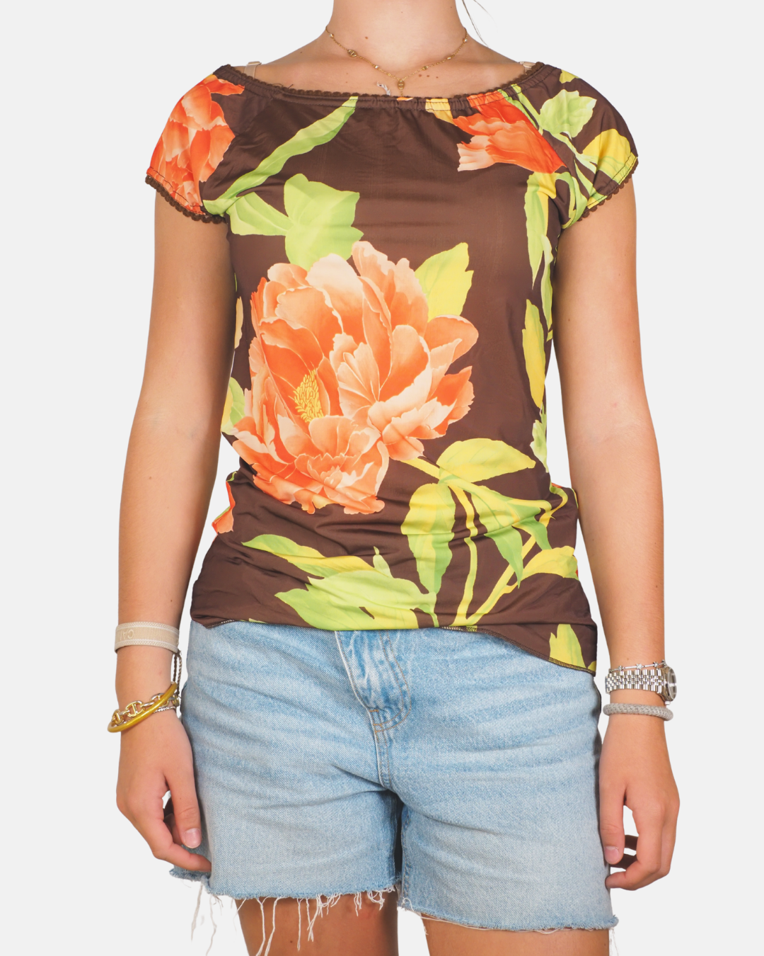 Brown & Orange Floral Bardot Top