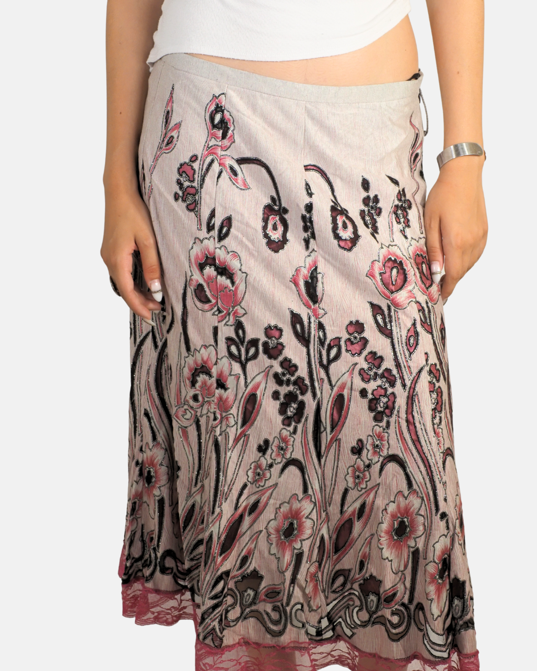 Pink Embellished Floral Midi Skirt - Ana London
