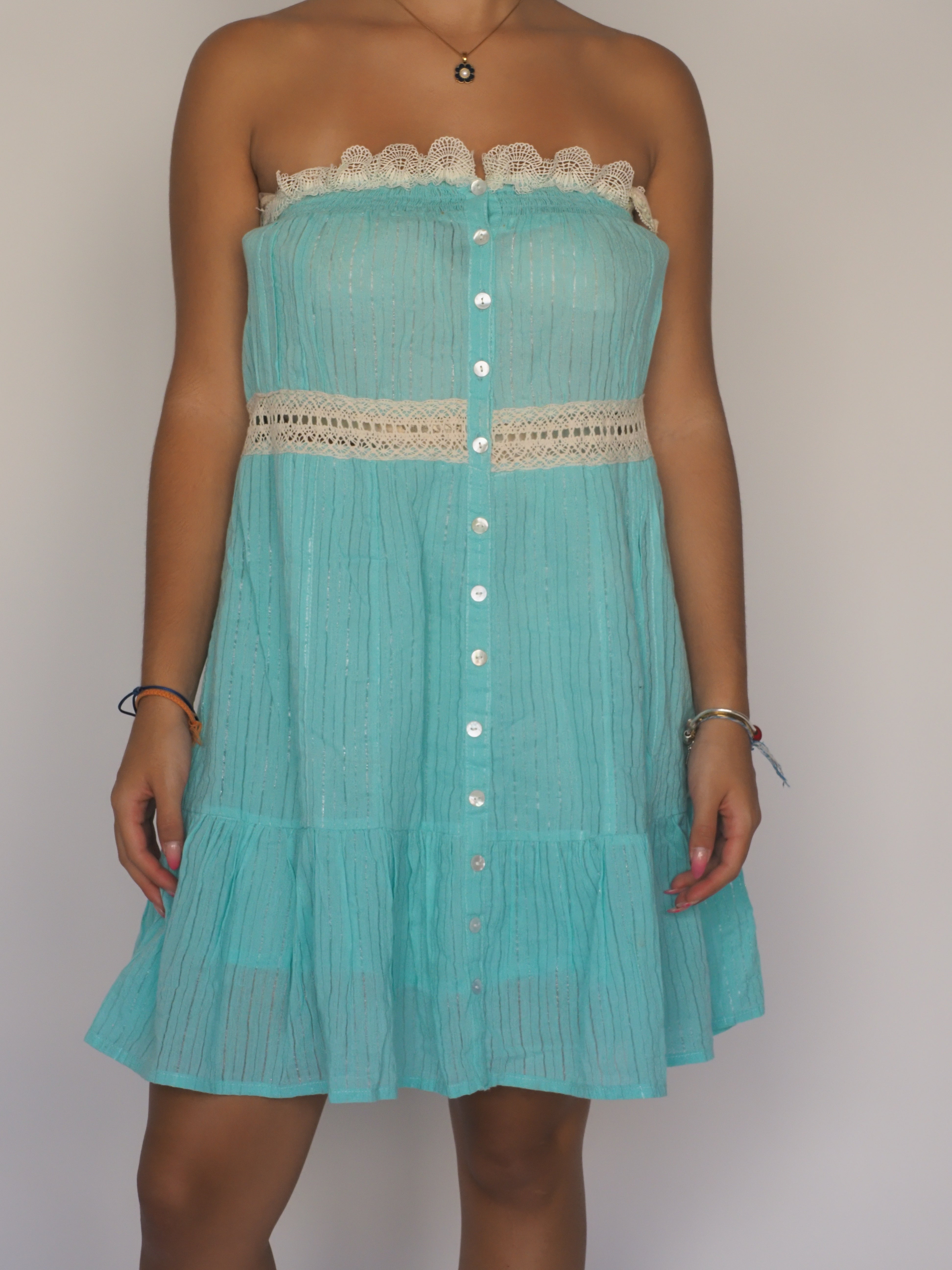 Aqua Strapless Boho Mini Dress with Crochet Trim