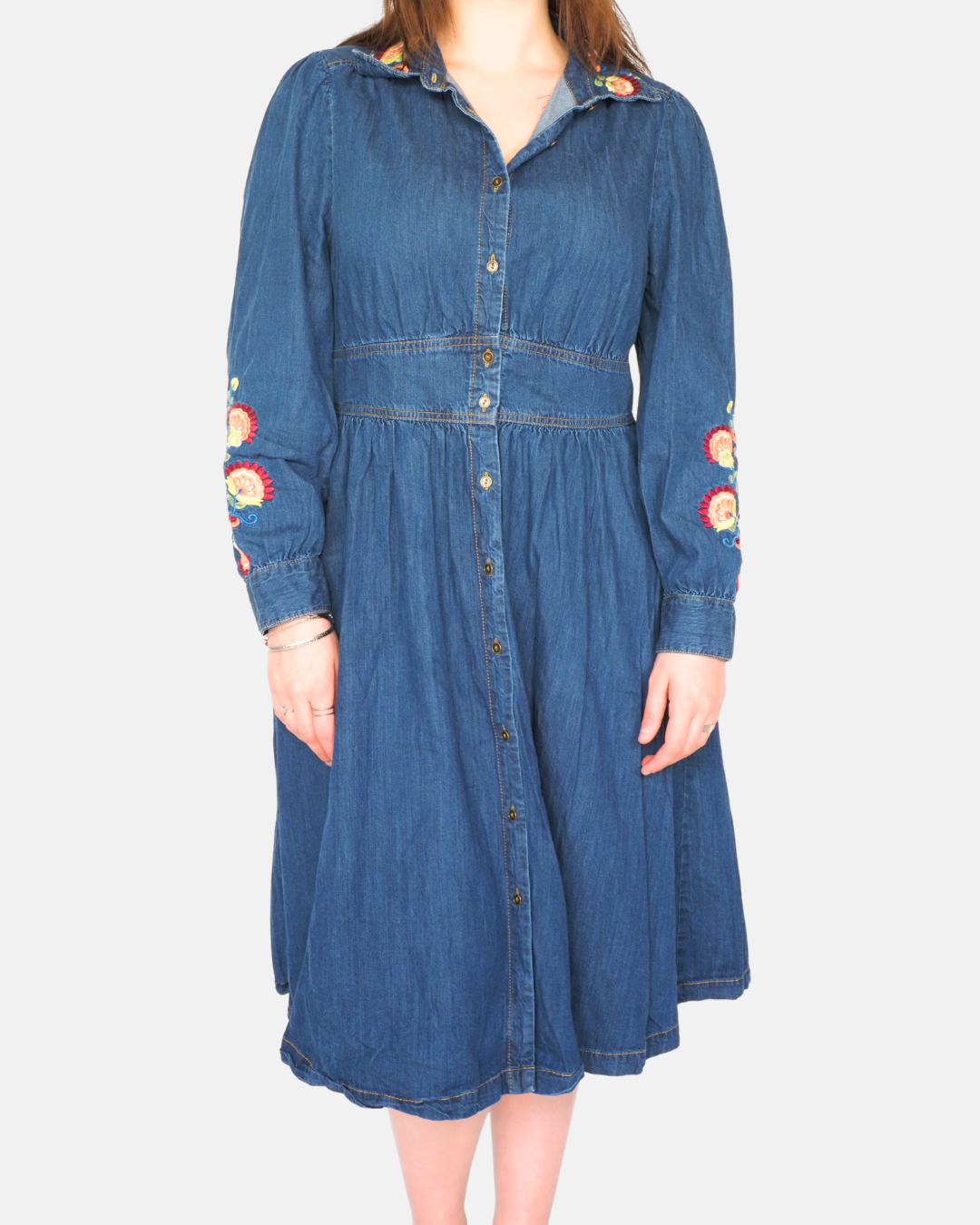 Monsoon Dress in Denim with Floral Embroidery
