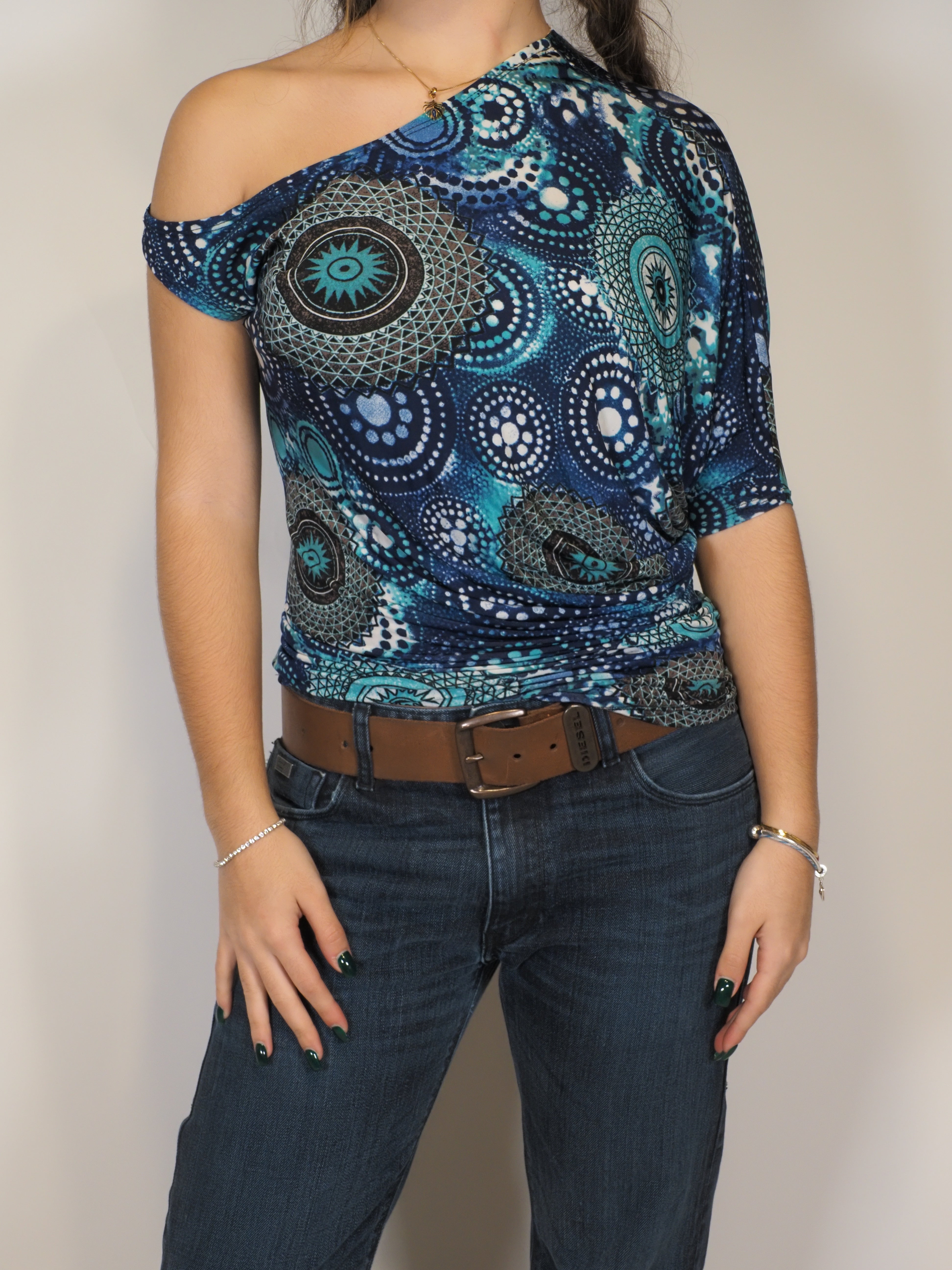 Blue Abstract One-Shoulder Top – Eïki