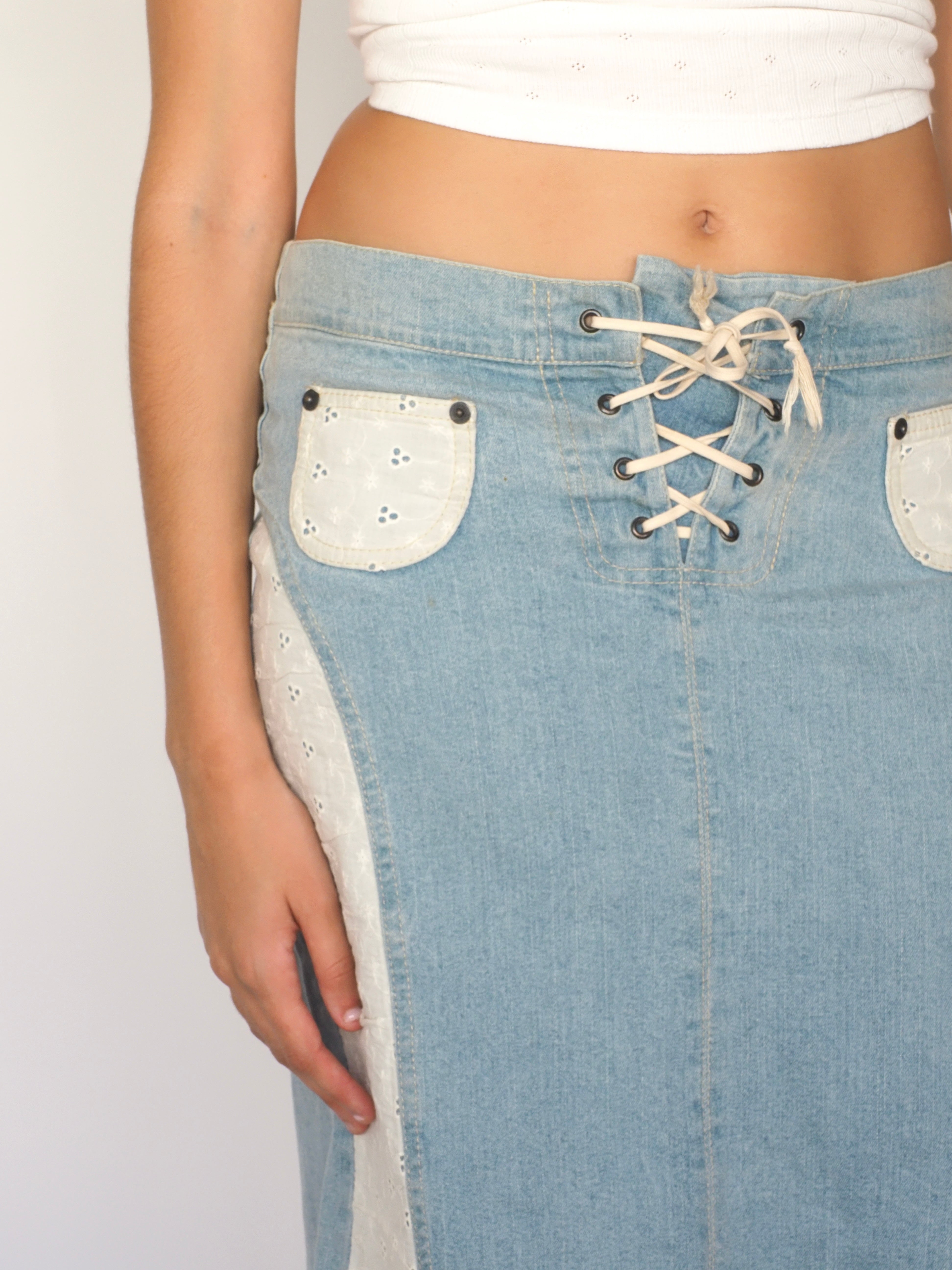 Urban Jeans Light Wash Midi Skirt with Lace-Up Waist & Broderie Panels