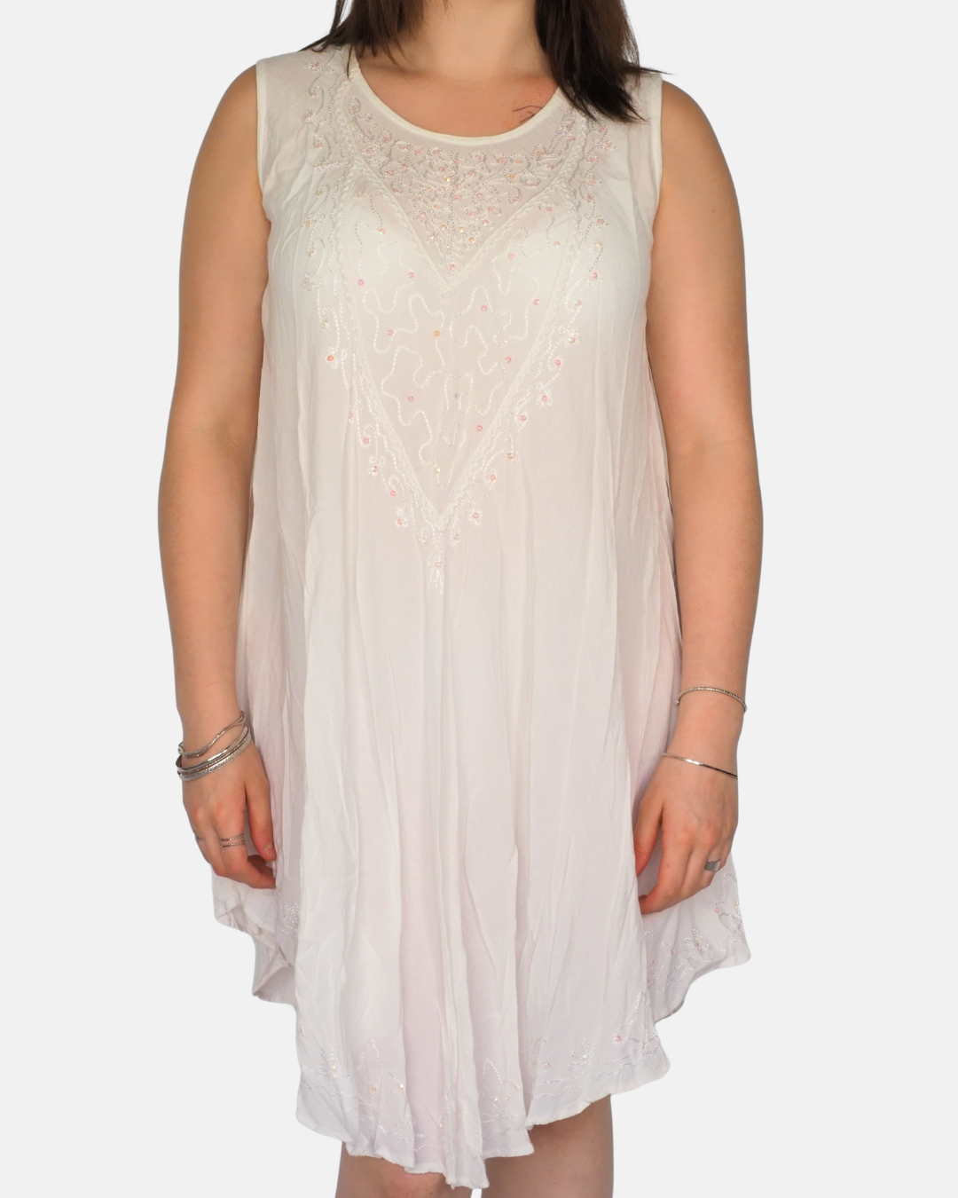 Vintage White Embroidered Sheer Flow Mini Dress