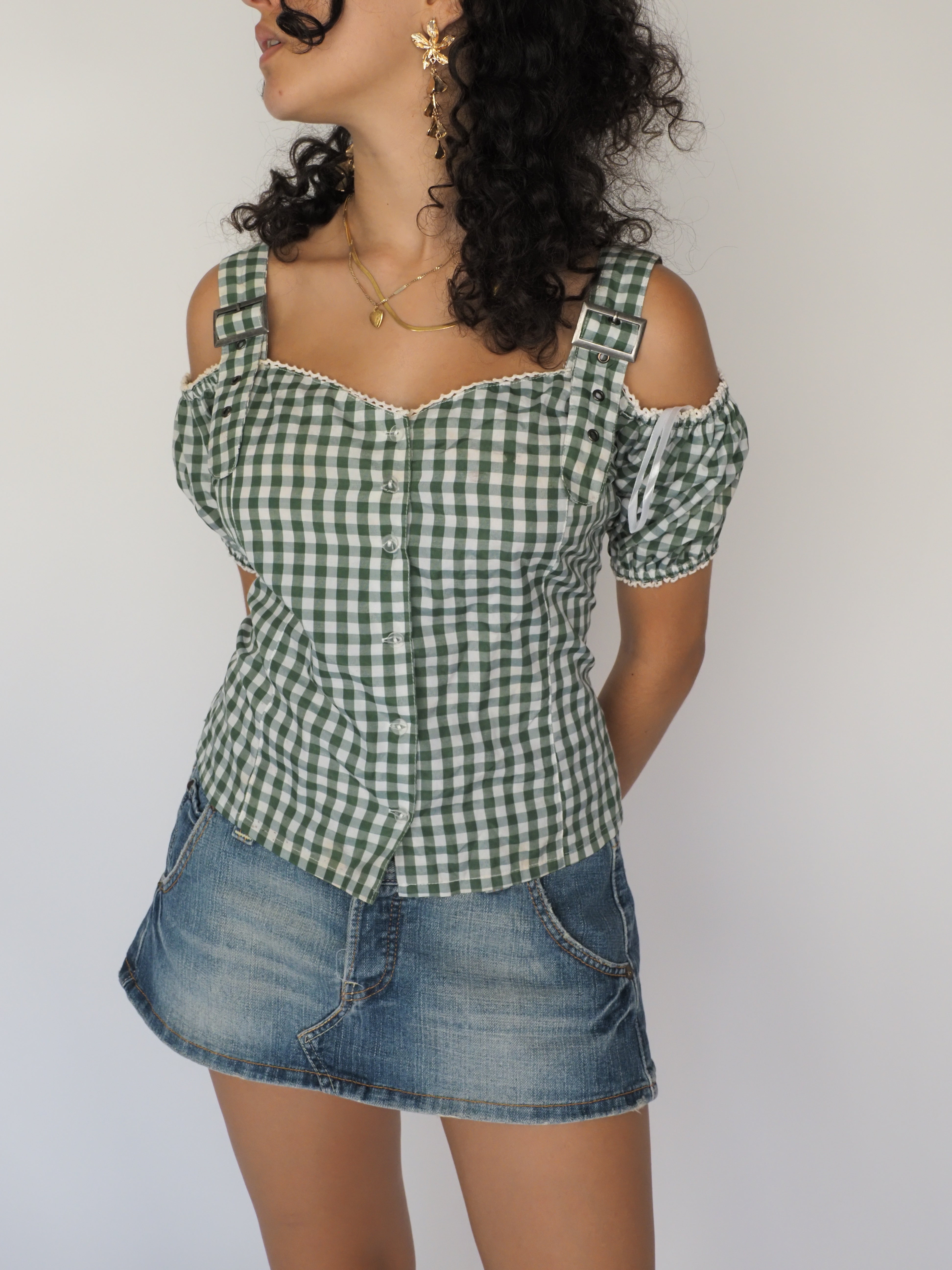 Janina Green Gingham Cotton-Blend Cold-Shoulder Top