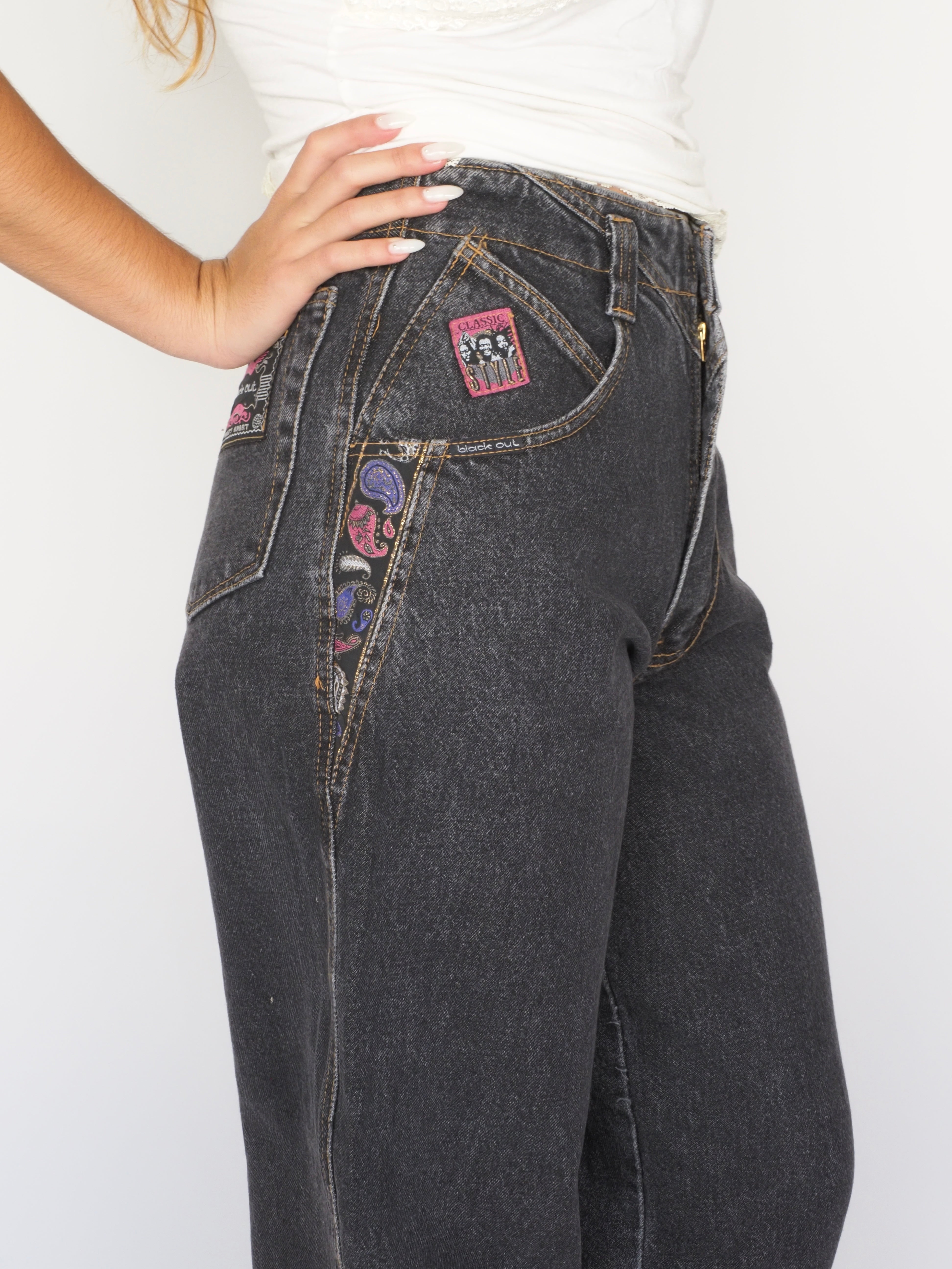 Vintage Blackout High-Waisted Jeans with Patch Detail – Black Out