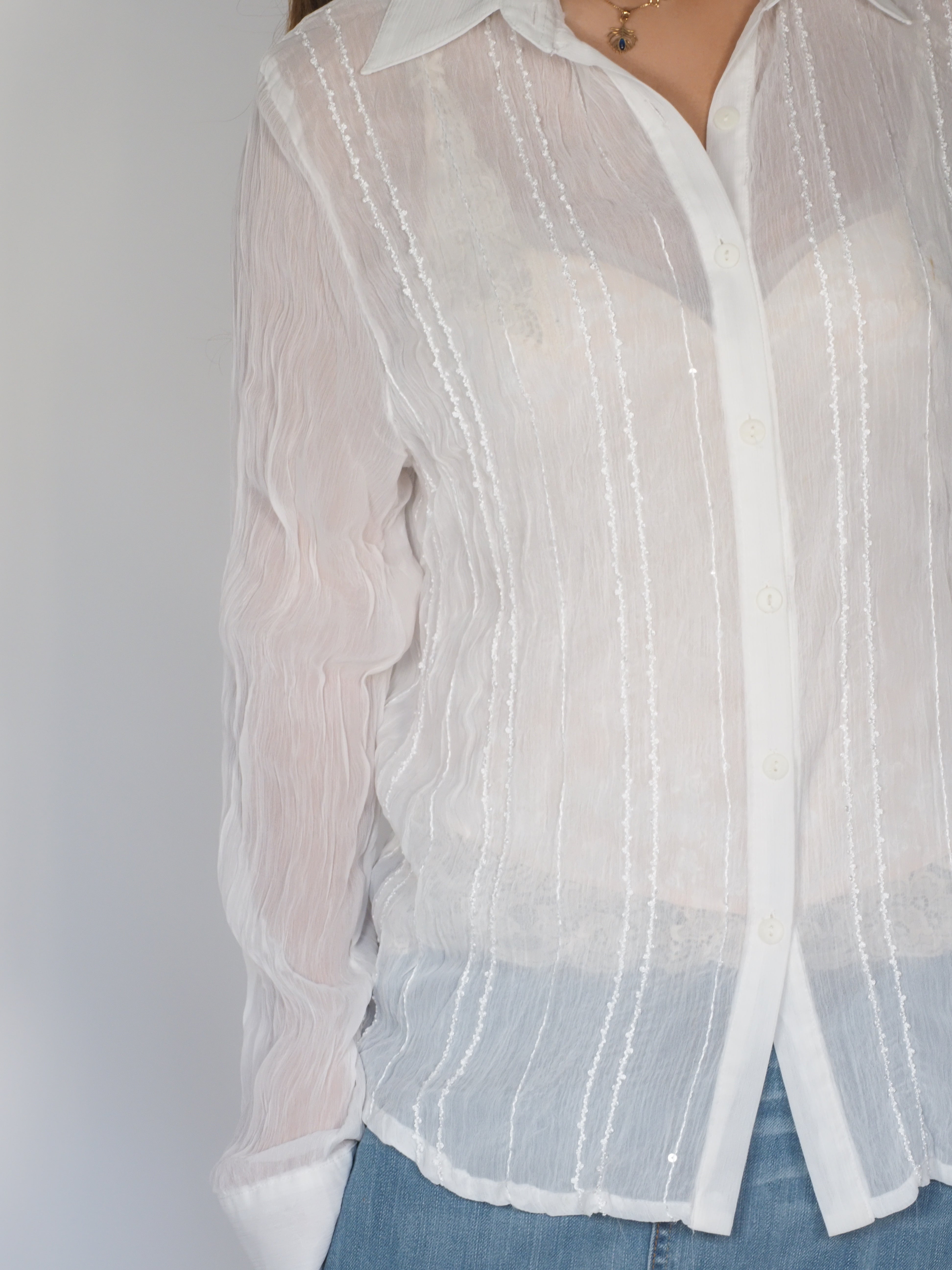 Sheer White Textured Button-Up Shirt – Survive