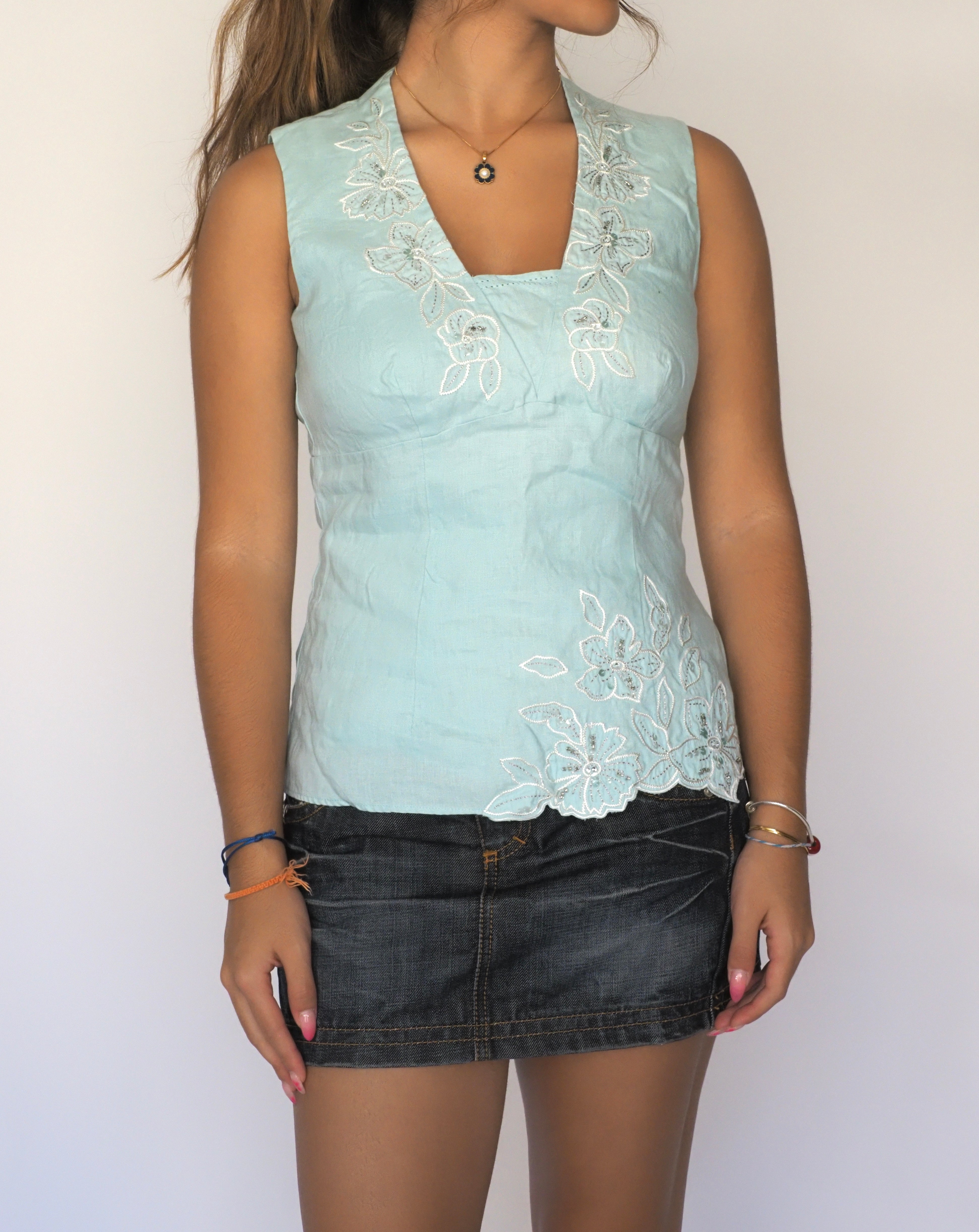 Vintage Embroidered Linen Halter Top – Rocha.John Rocha – Soft Aqua