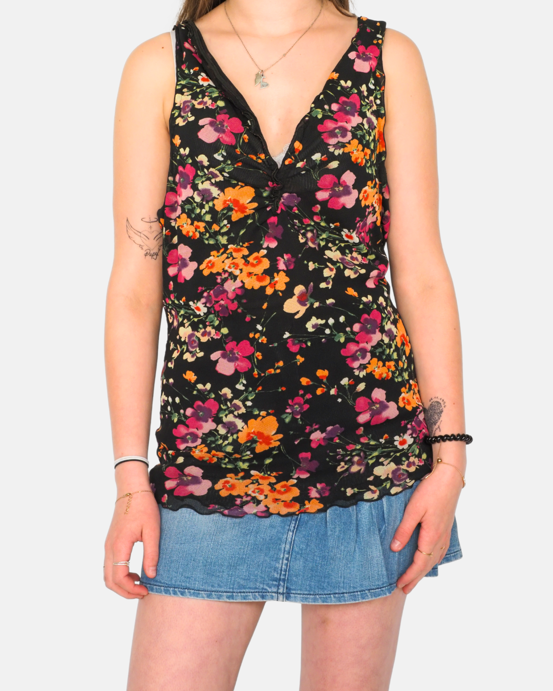 Donna & Donna Black Floral Ruched Y2K Tank Top