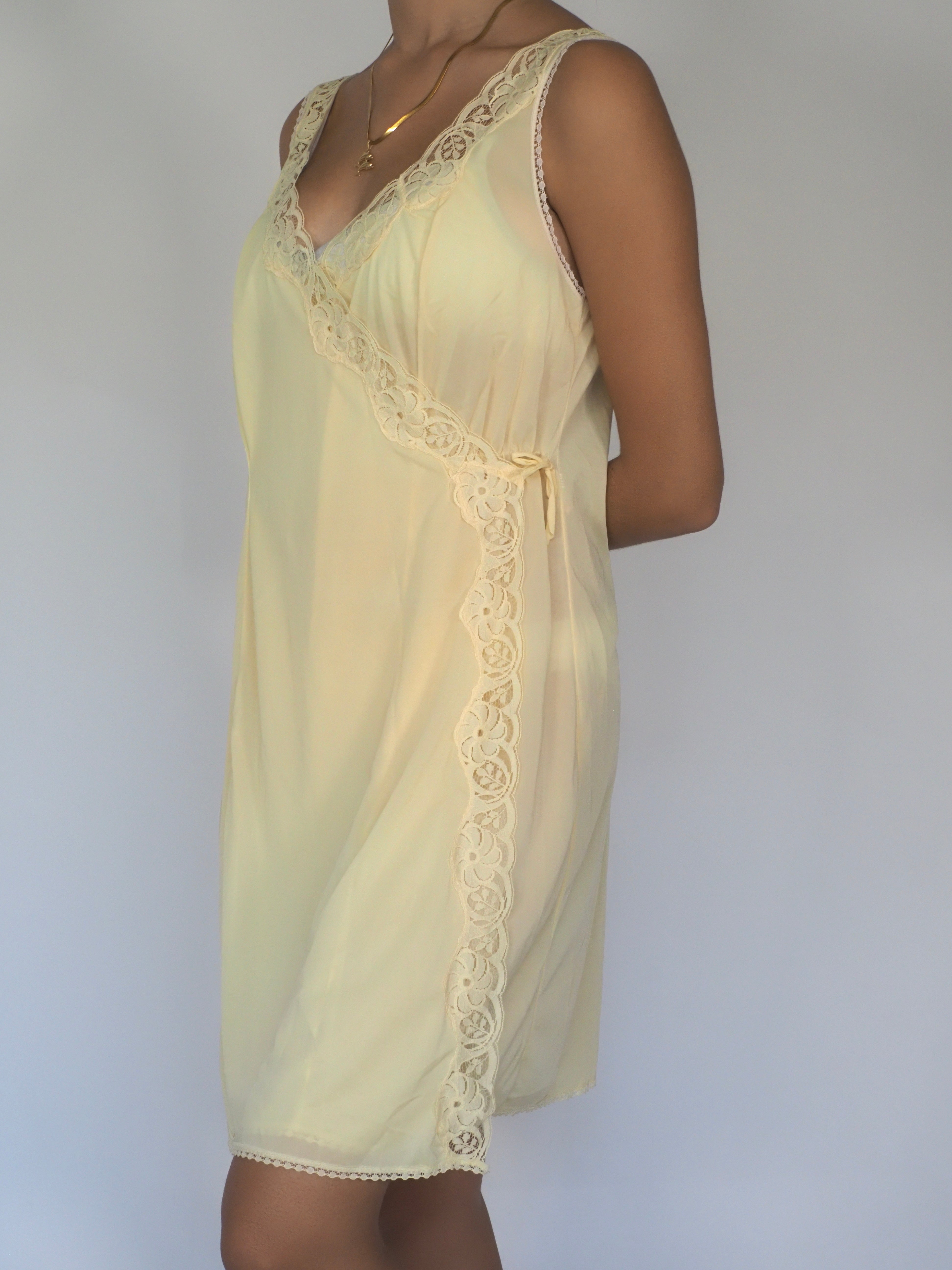 Vintage Buttercream Wrap Slip with Lace Trim