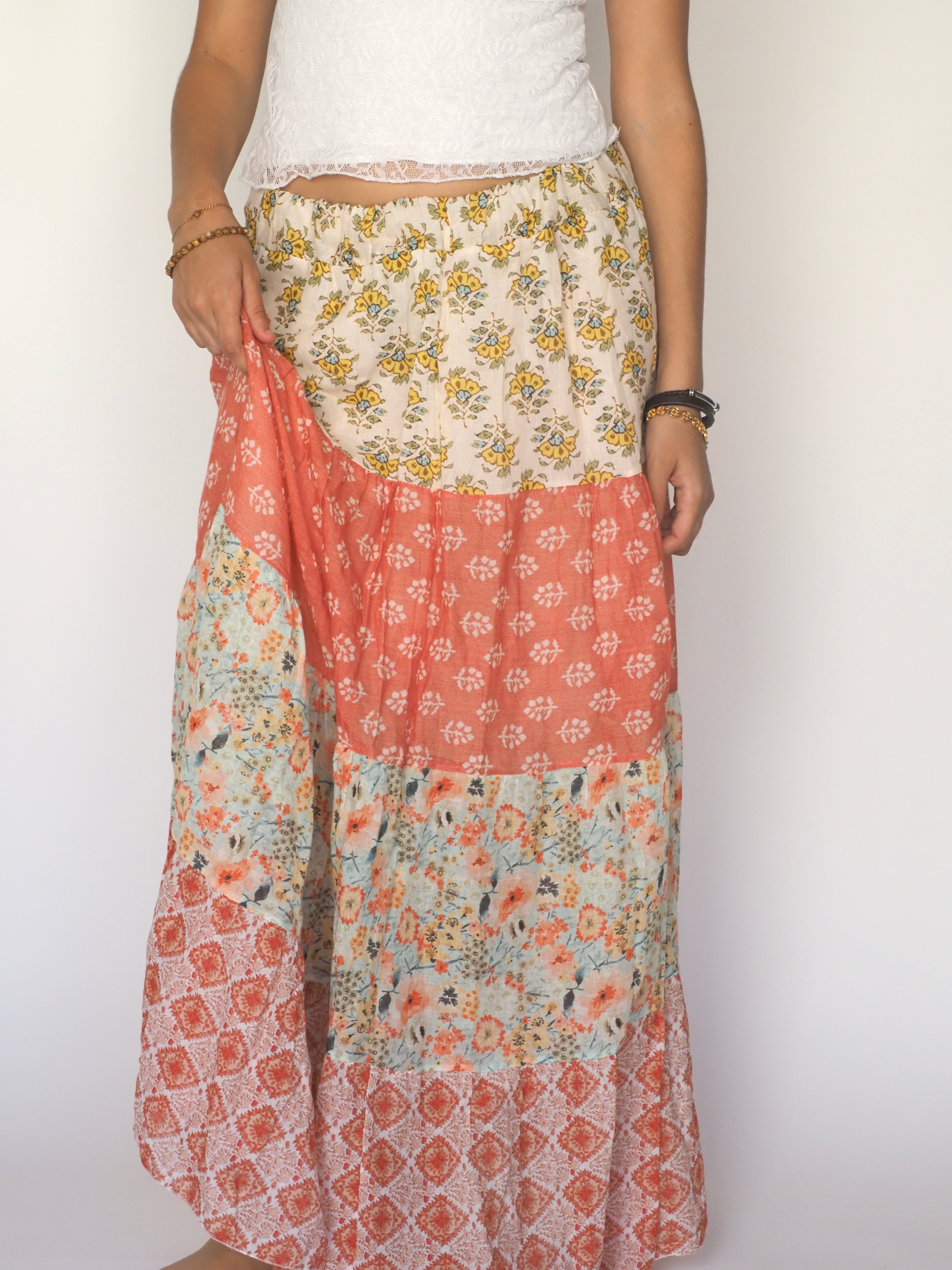 Boho Patchwork Maxi Skirt in Sunset Tones