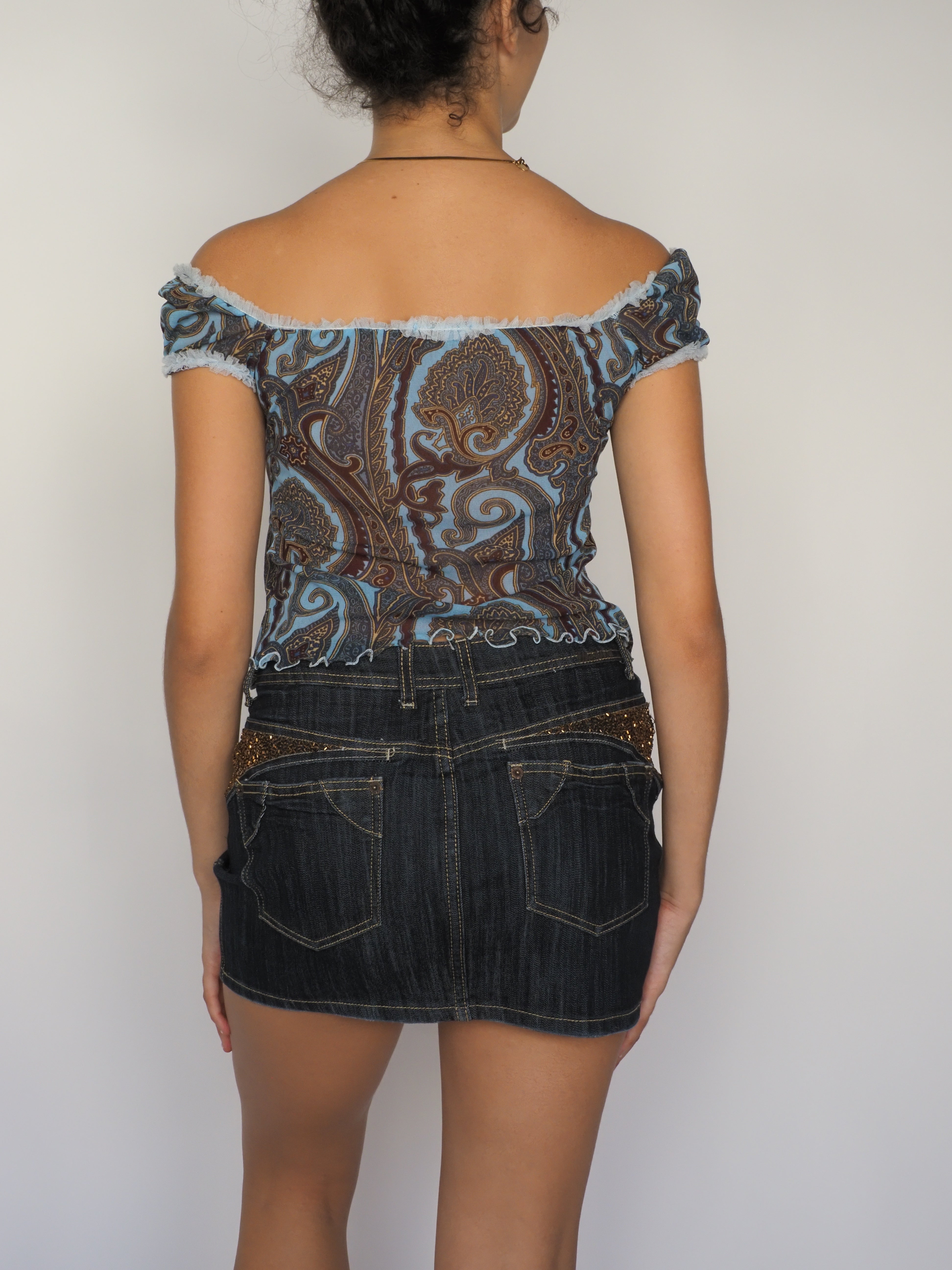 Blue & Brown Paisley Sheer Off-Shoulder Top – Shake