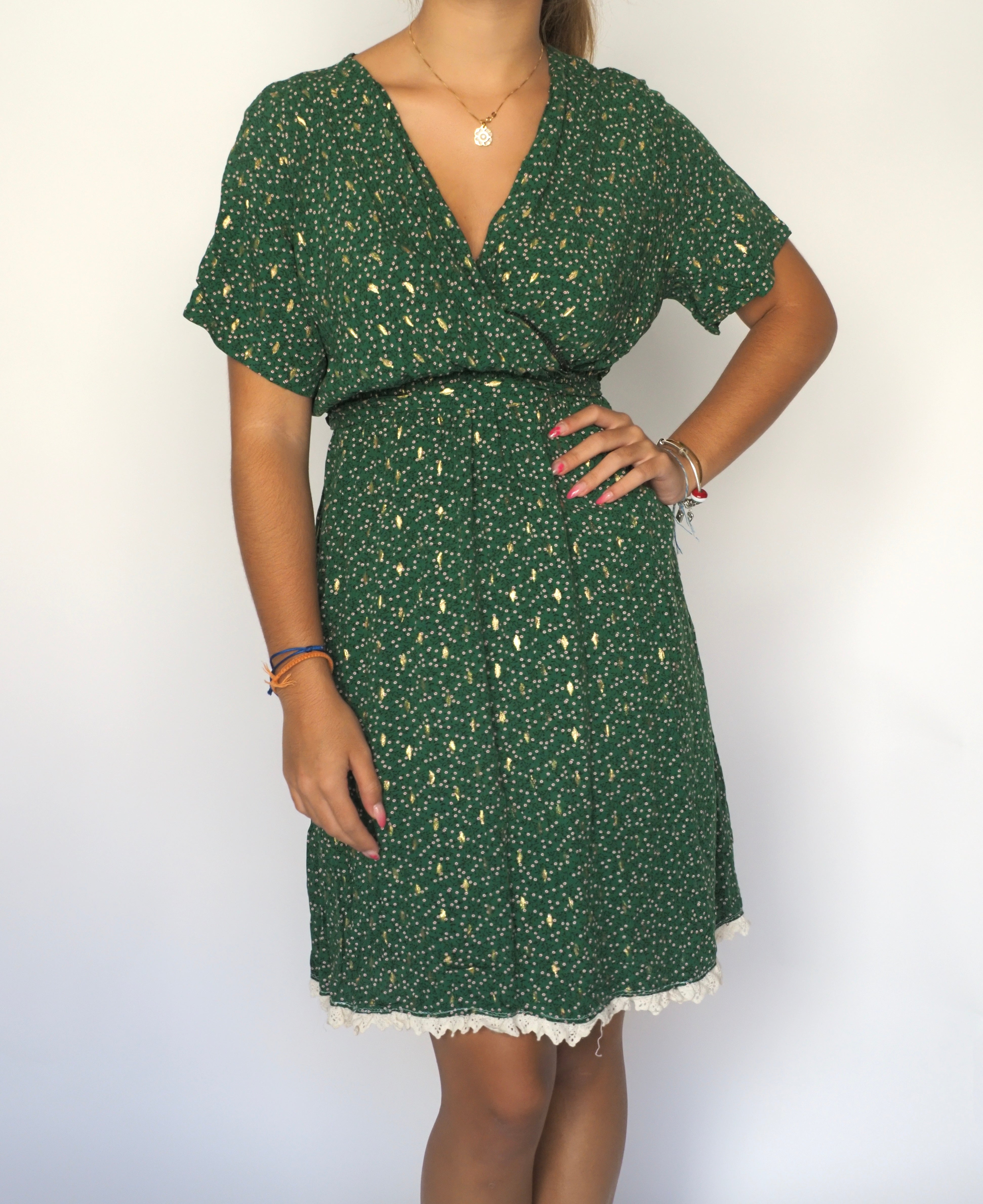 Green Wrap-Style Mini Dress with Gold Speckle Print & Lace Hem – H&L