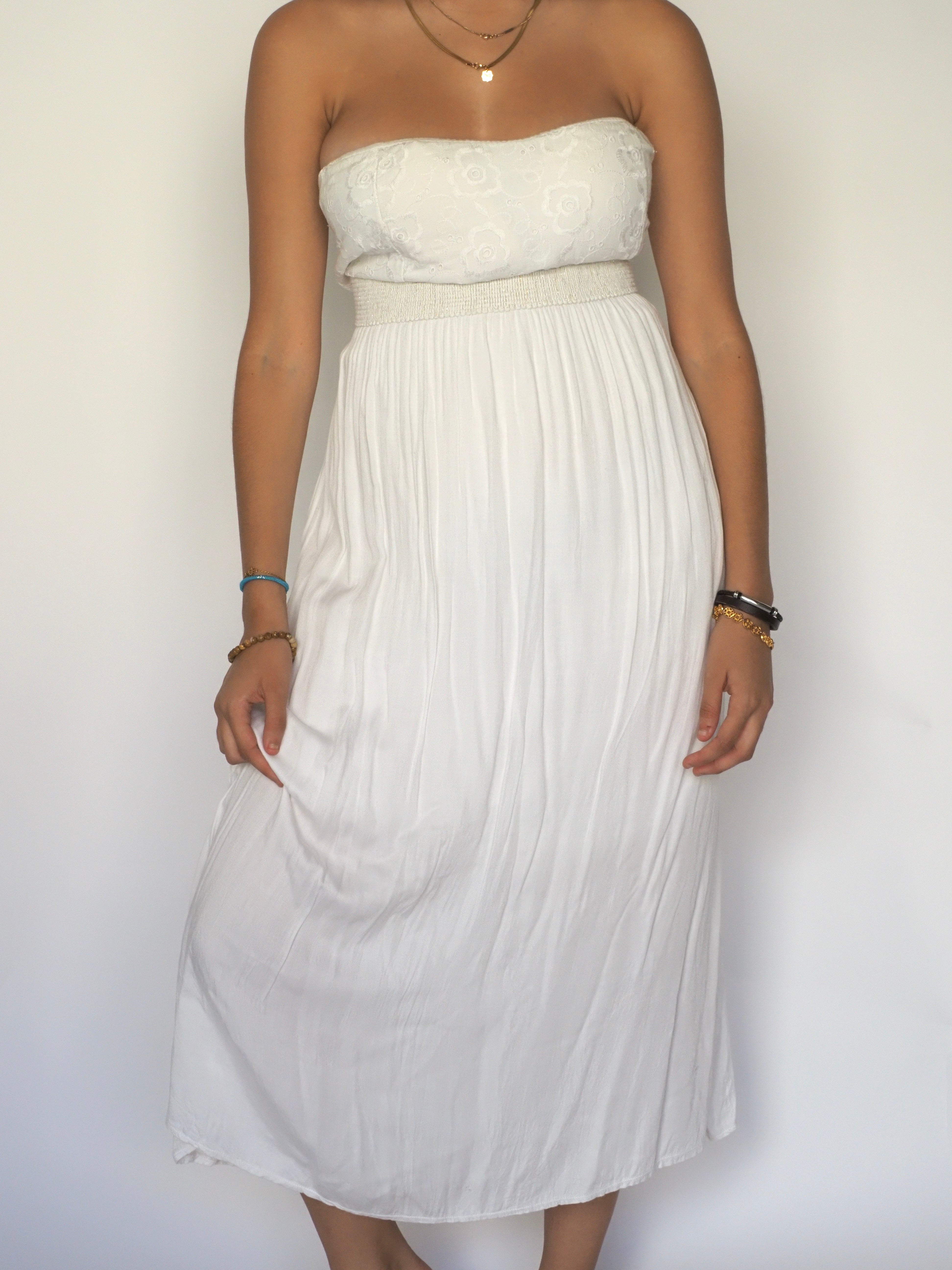 White Strapless Maxi Dress with Embroidered Bodice