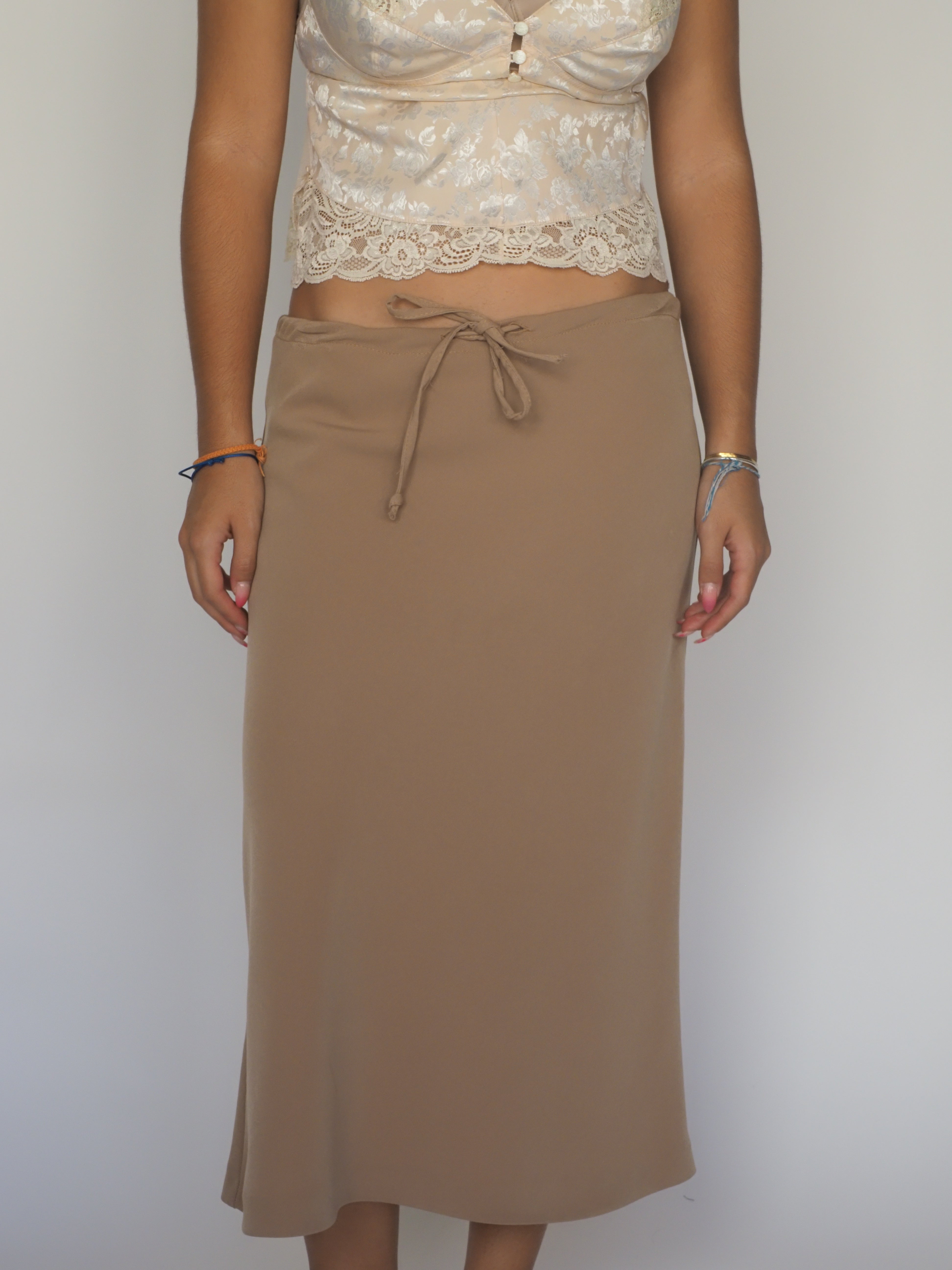 Taupe Drawstring Waist Midi Skirt