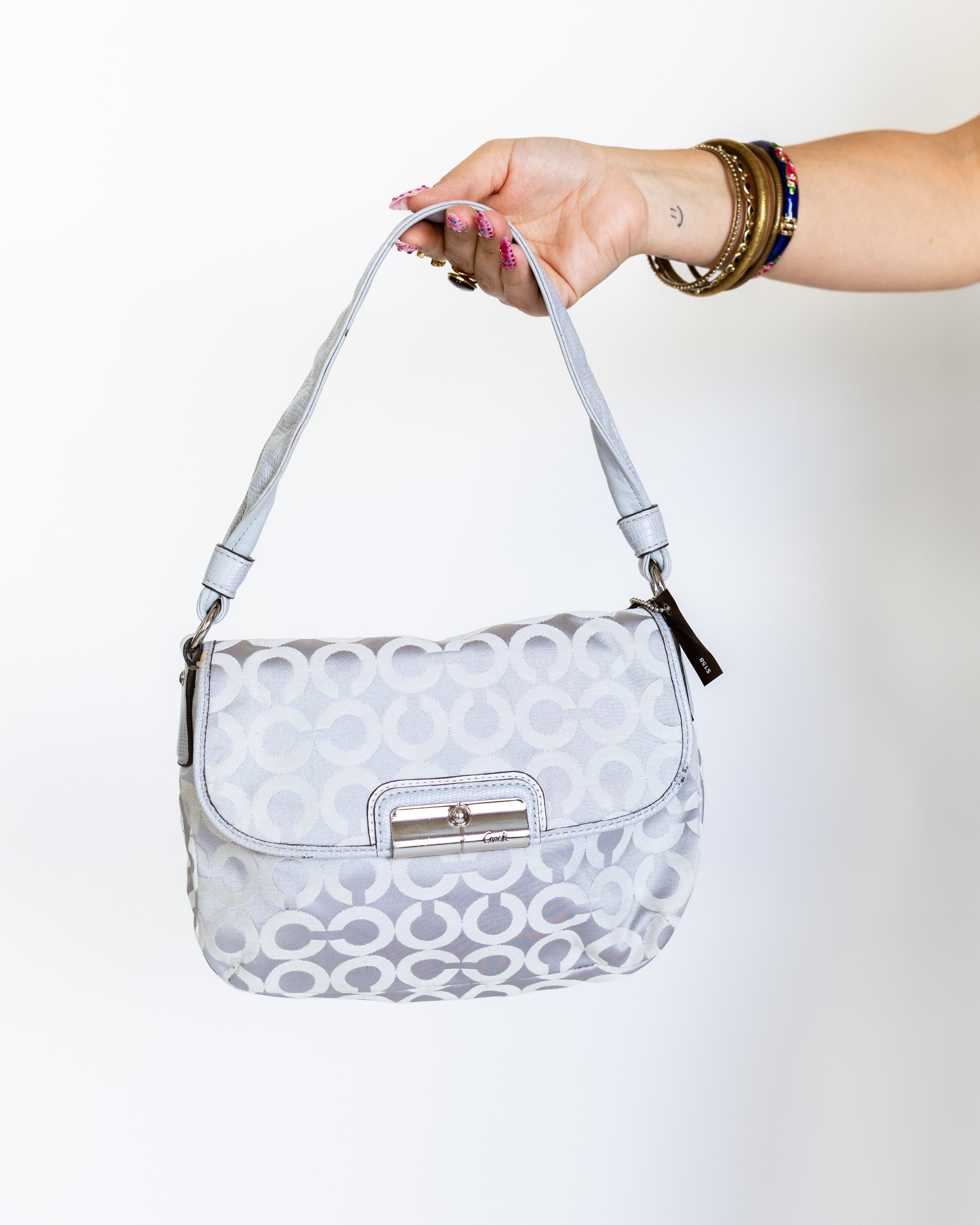 Coach Silver Signature Jacquard Shoulder Bag with Pink Satin Lining