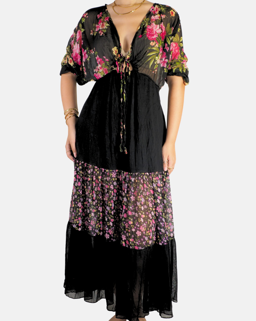Black Floral Tiered Panel Flowy Sheer Maxi Dress