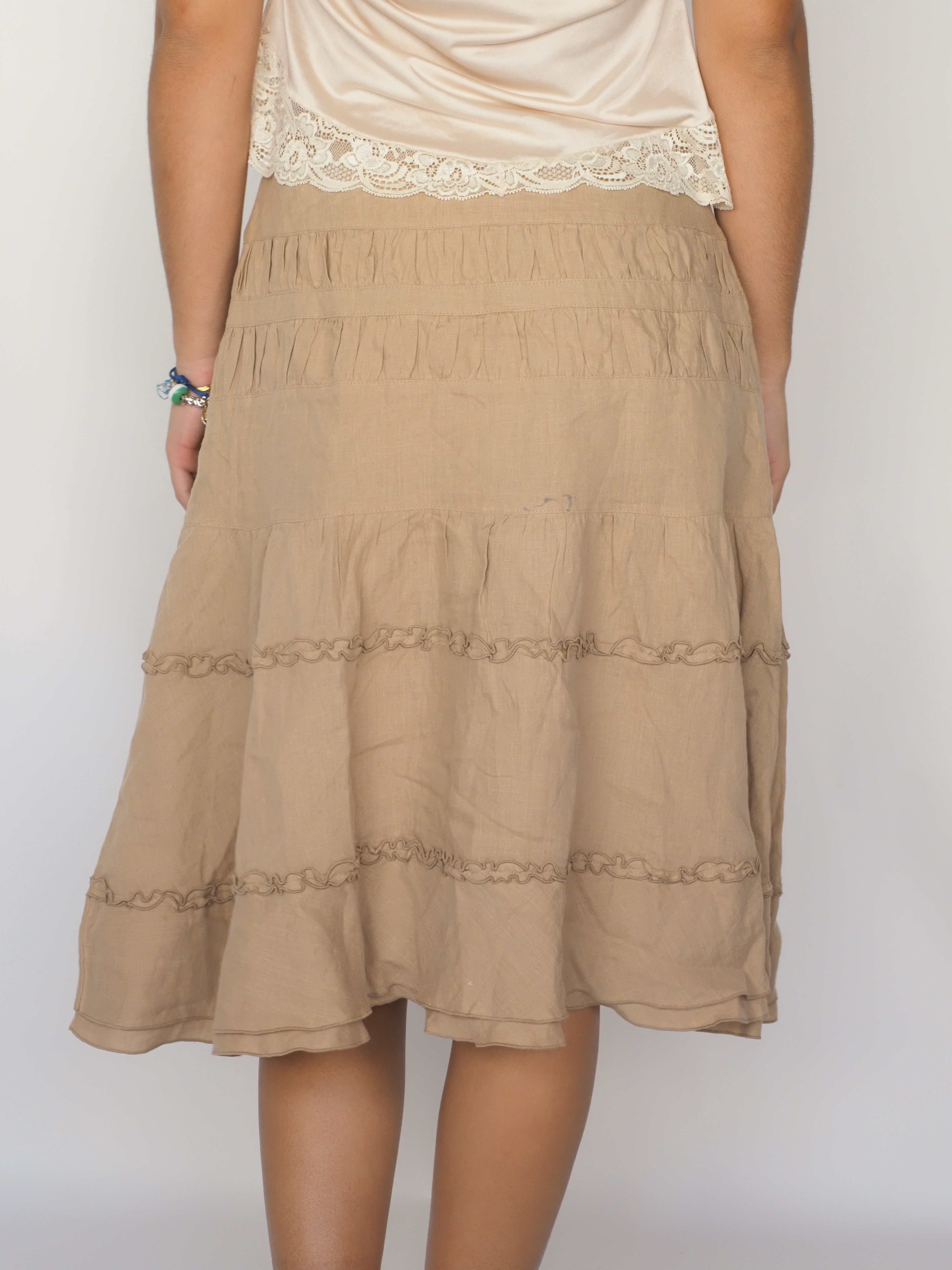 Beige Tiered Ruffle Midi Skirt – Pinore