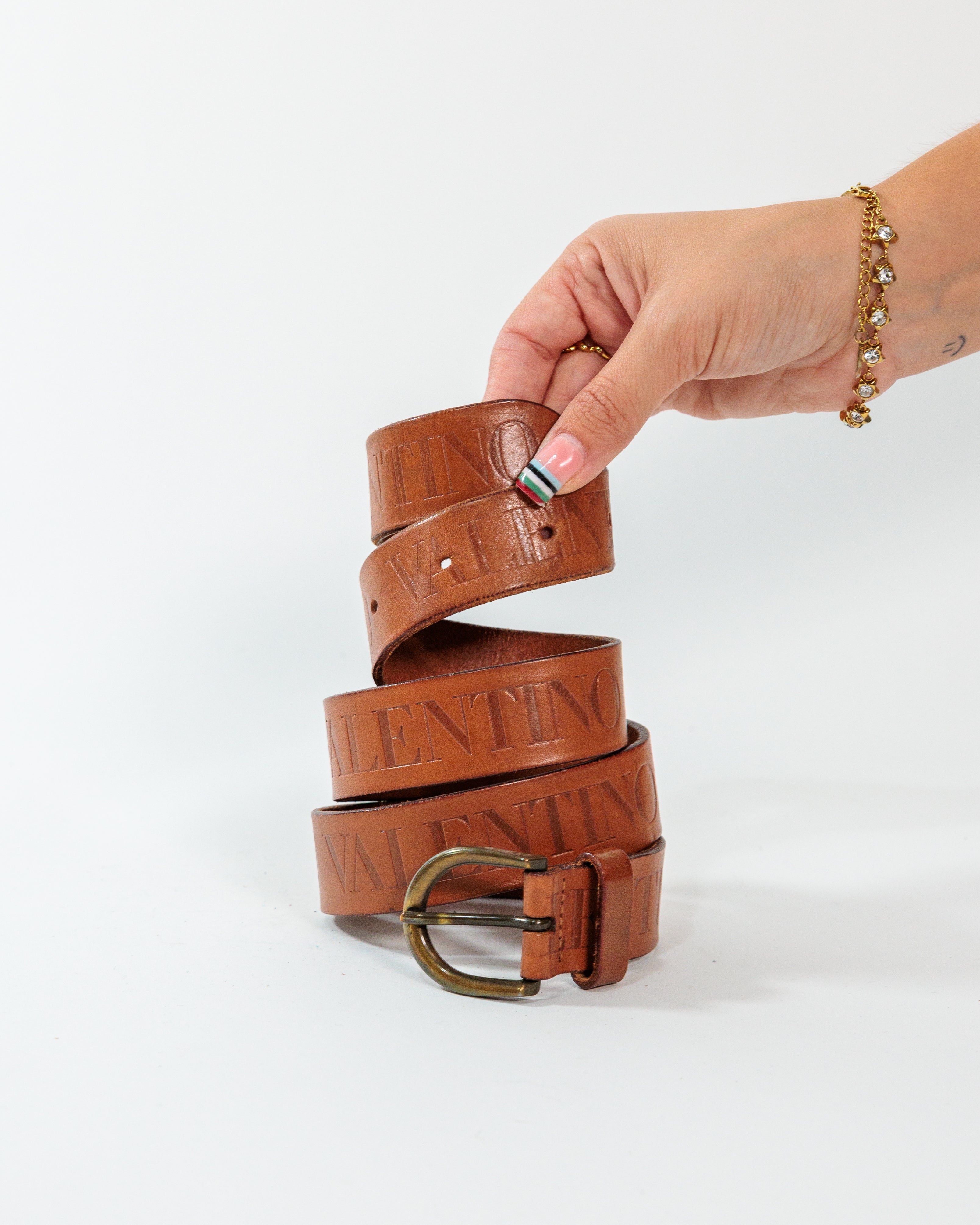 Brown Embossed Logo Leather Belt - Valentino