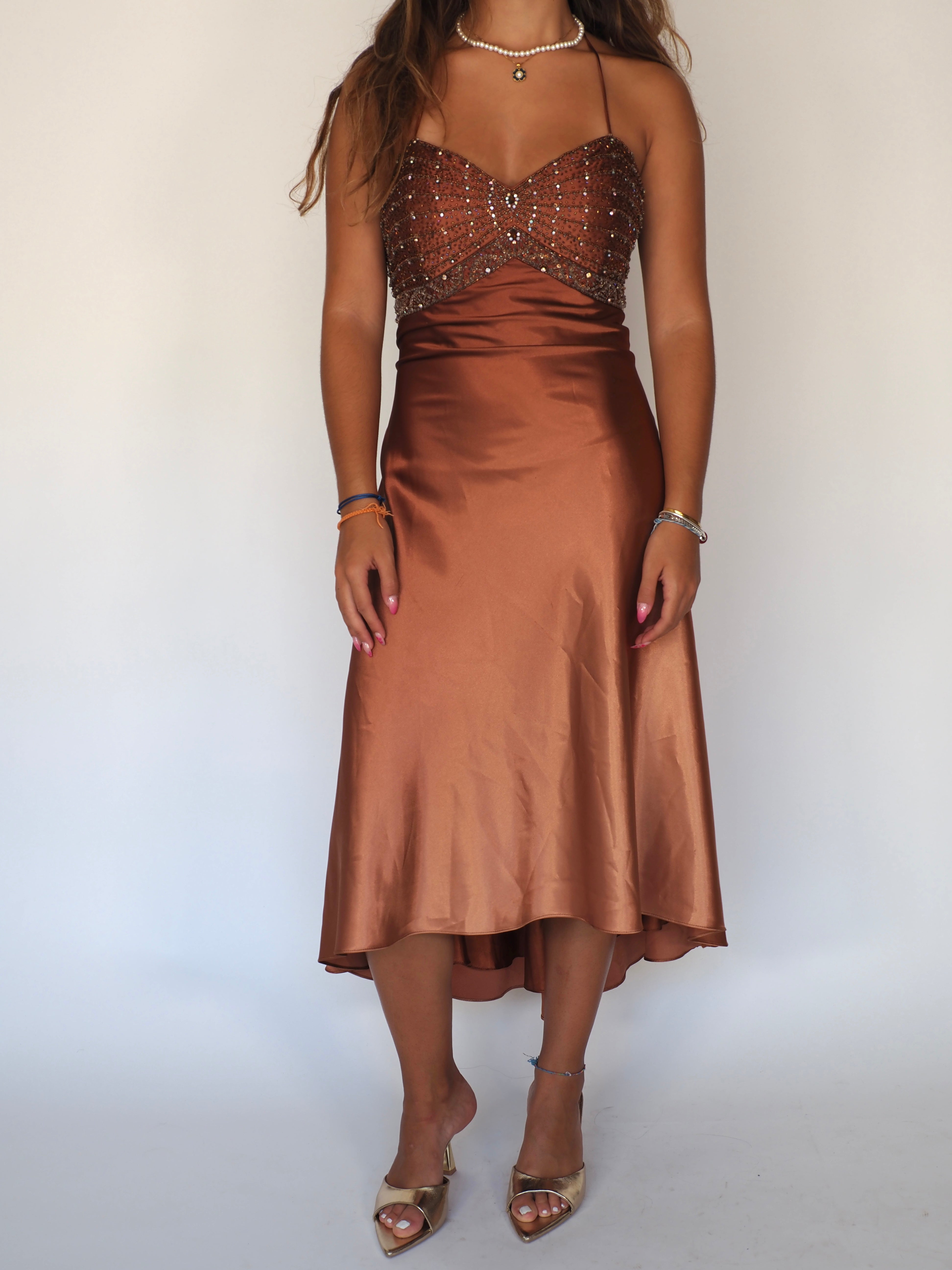 Vintage Bronze Satin Beaded Bust Midi Dress