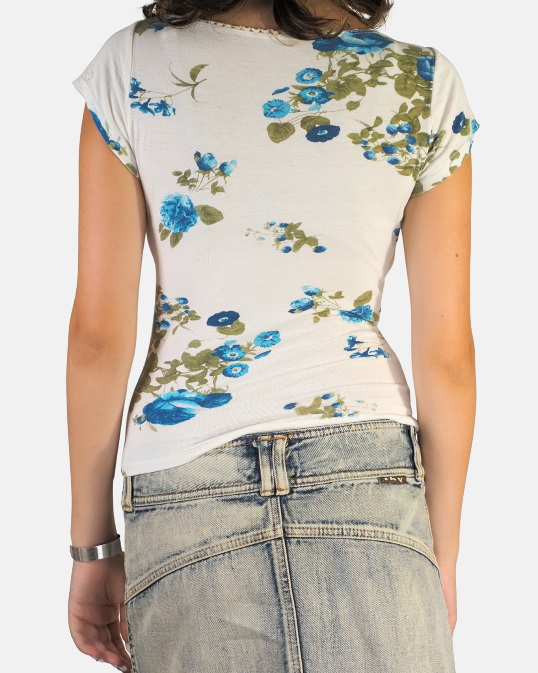 Y2K White & Blue Floral Wrap Top