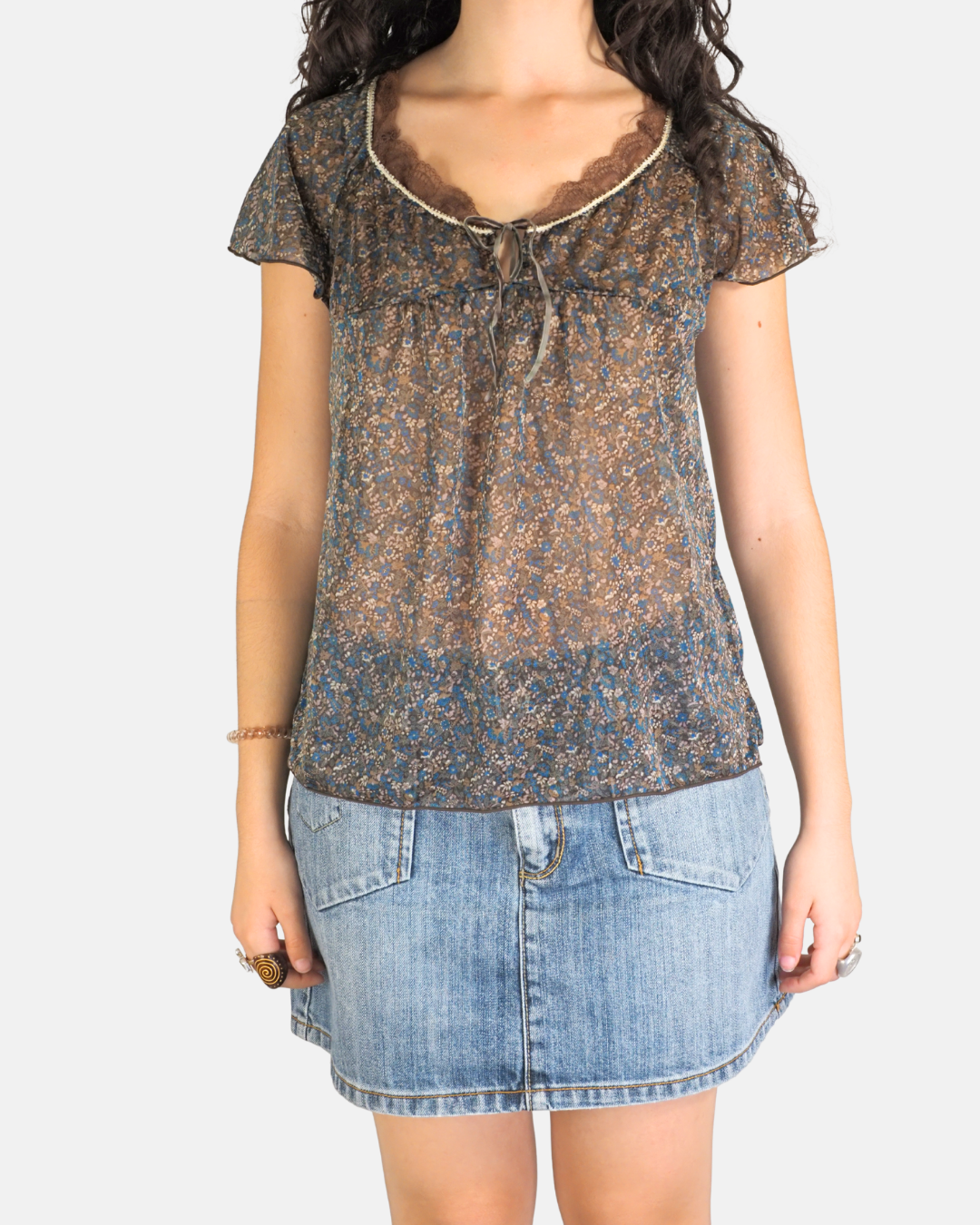 Brown Floral Lace Tie-Front Top