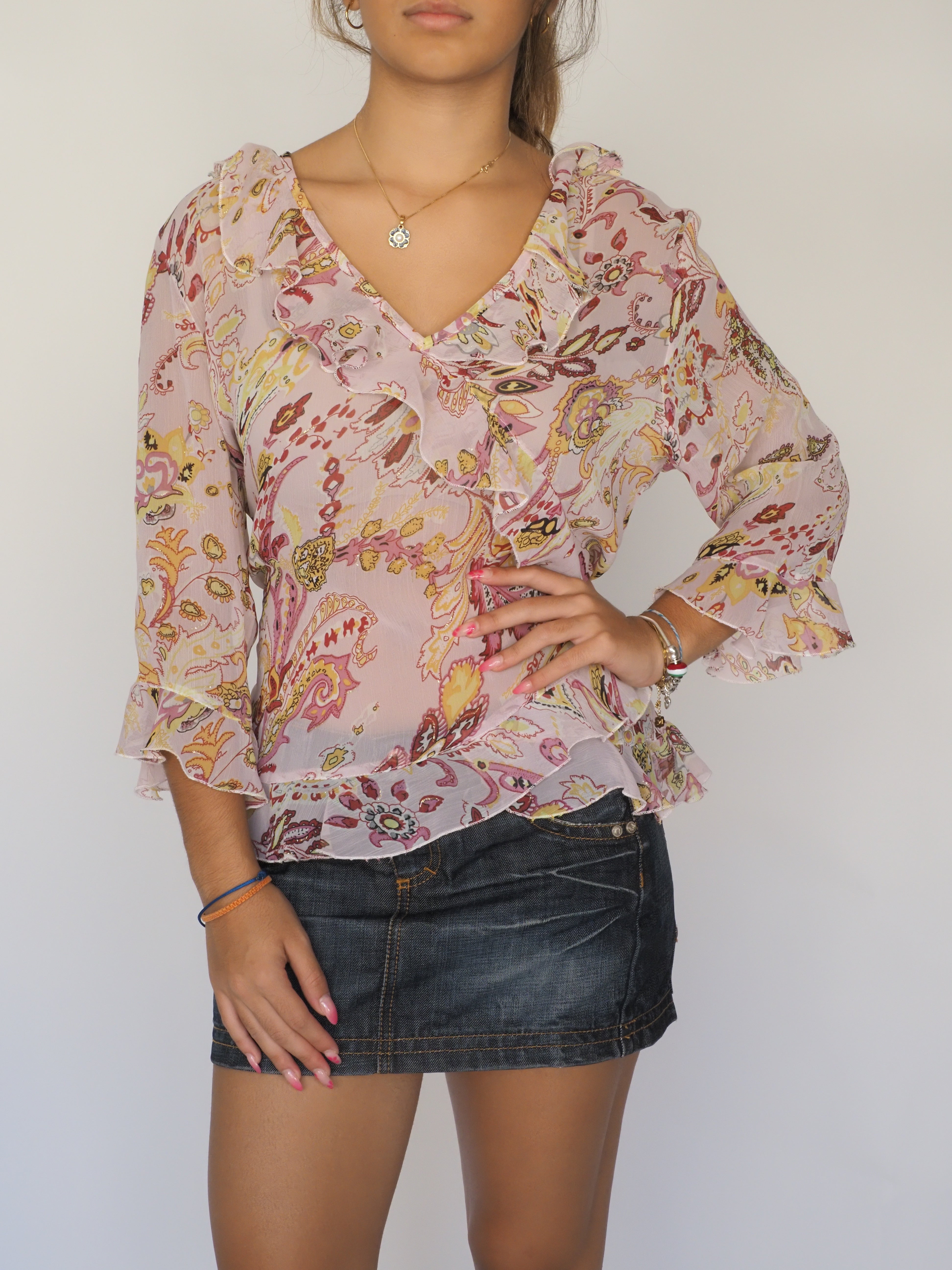 Vintage Ruffle Paisley Chiffon Blouse
