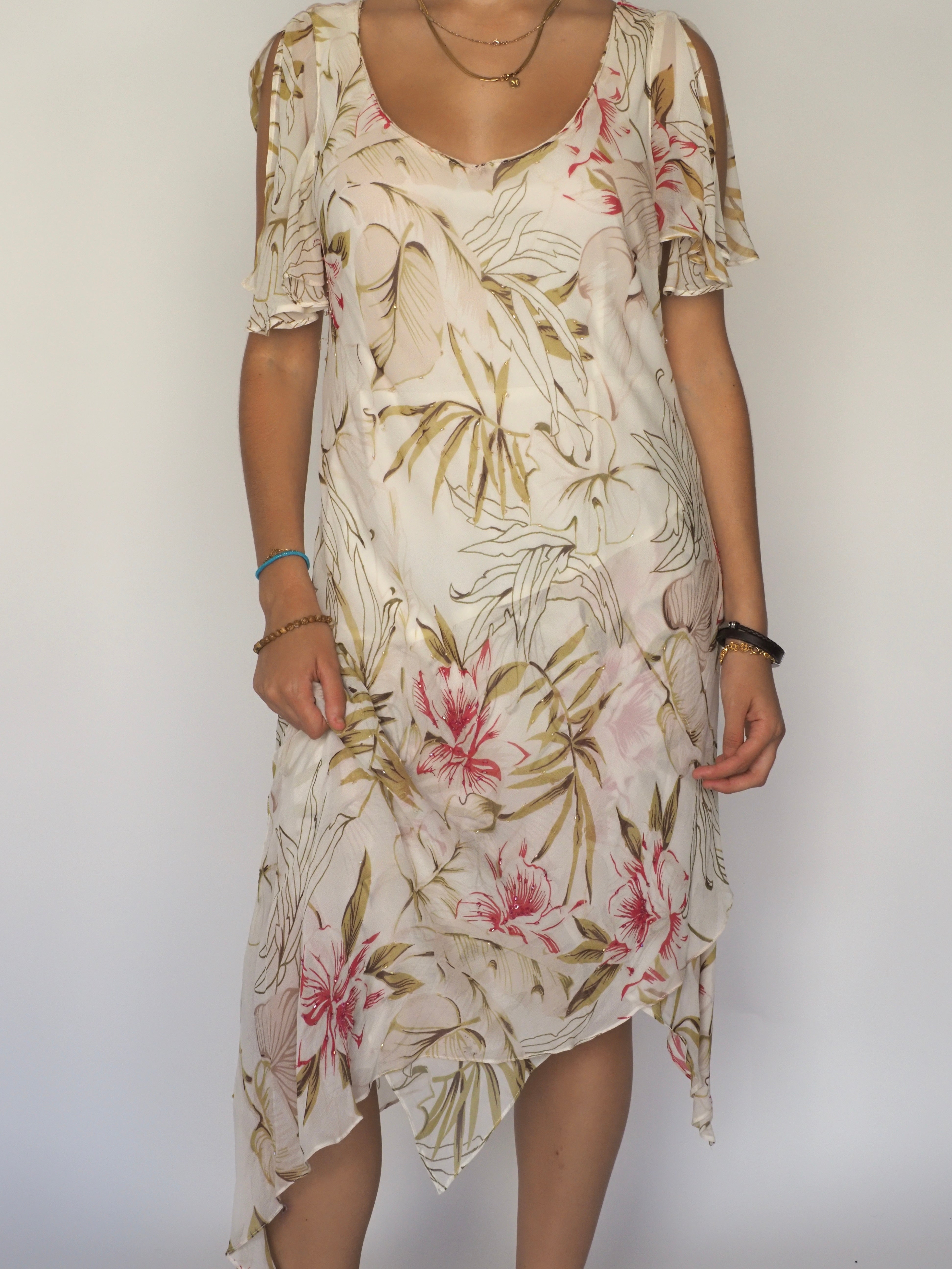 Floral Asymmetrical Cold-Shoulder Midi Dress
