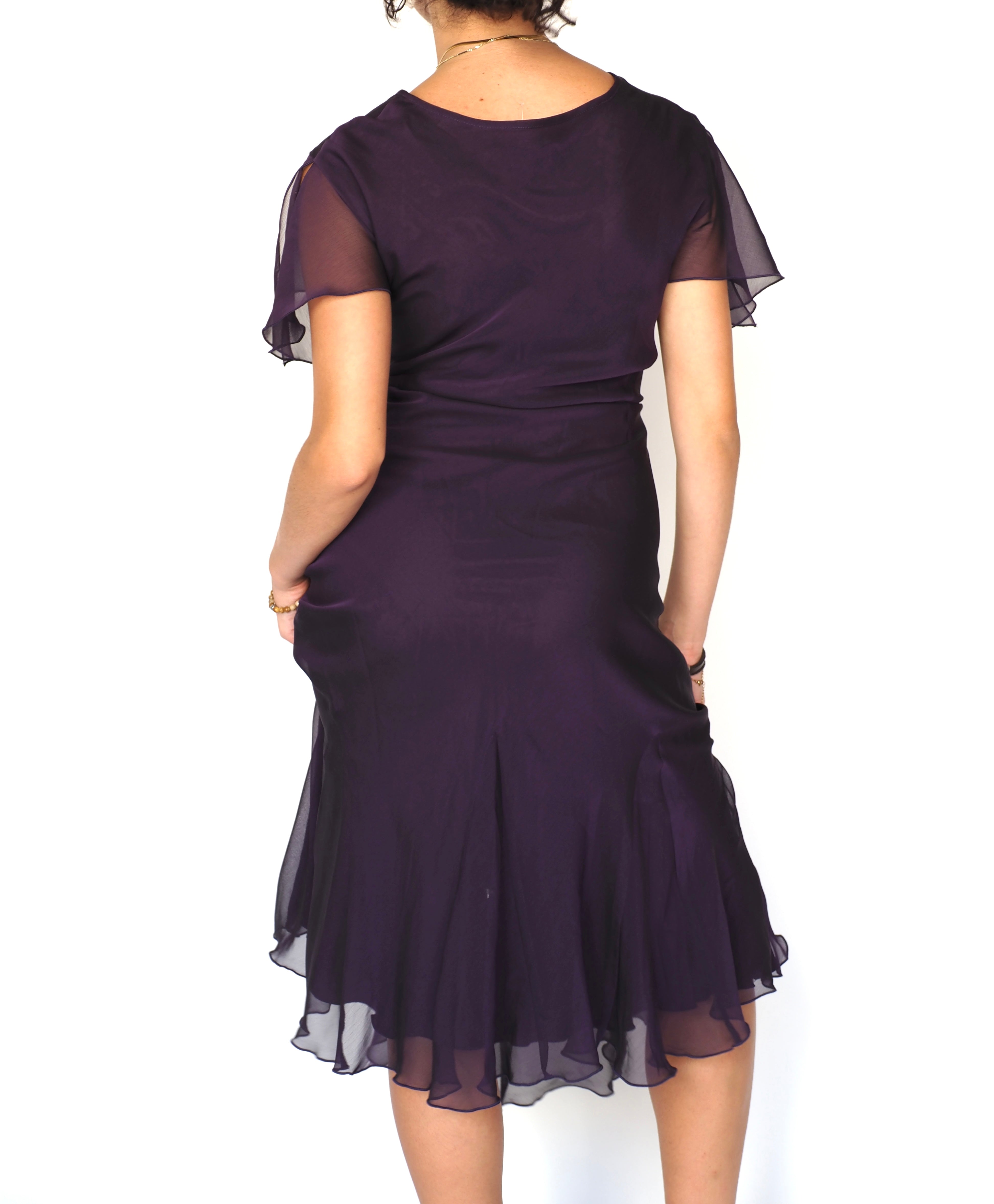 Canda Deep Purple Chiffon Midi Dress with Flutter Sleeves & Beaded Detail
