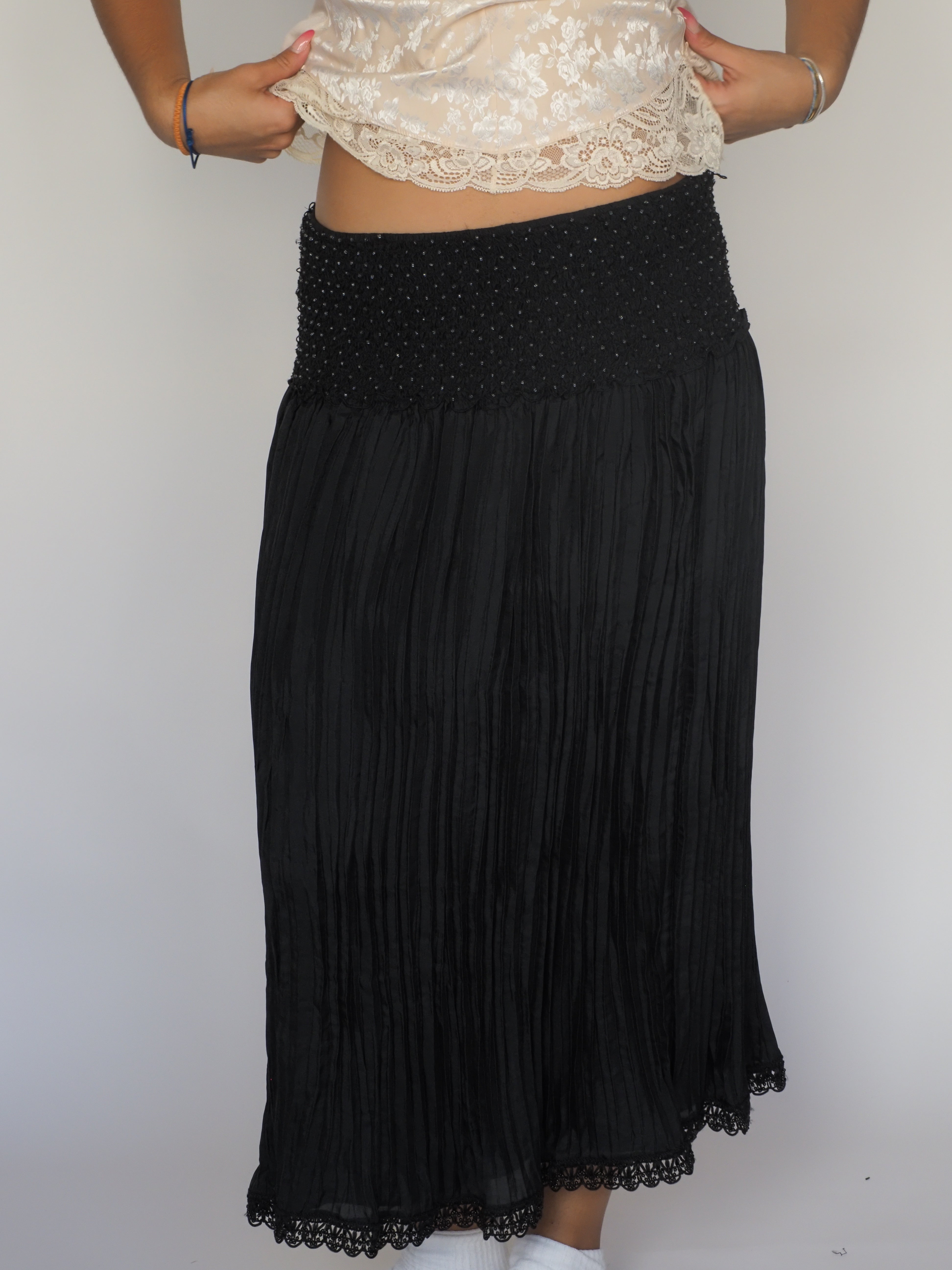 Boho Black Smocked Midi Skirt – Express with Crochet Hem