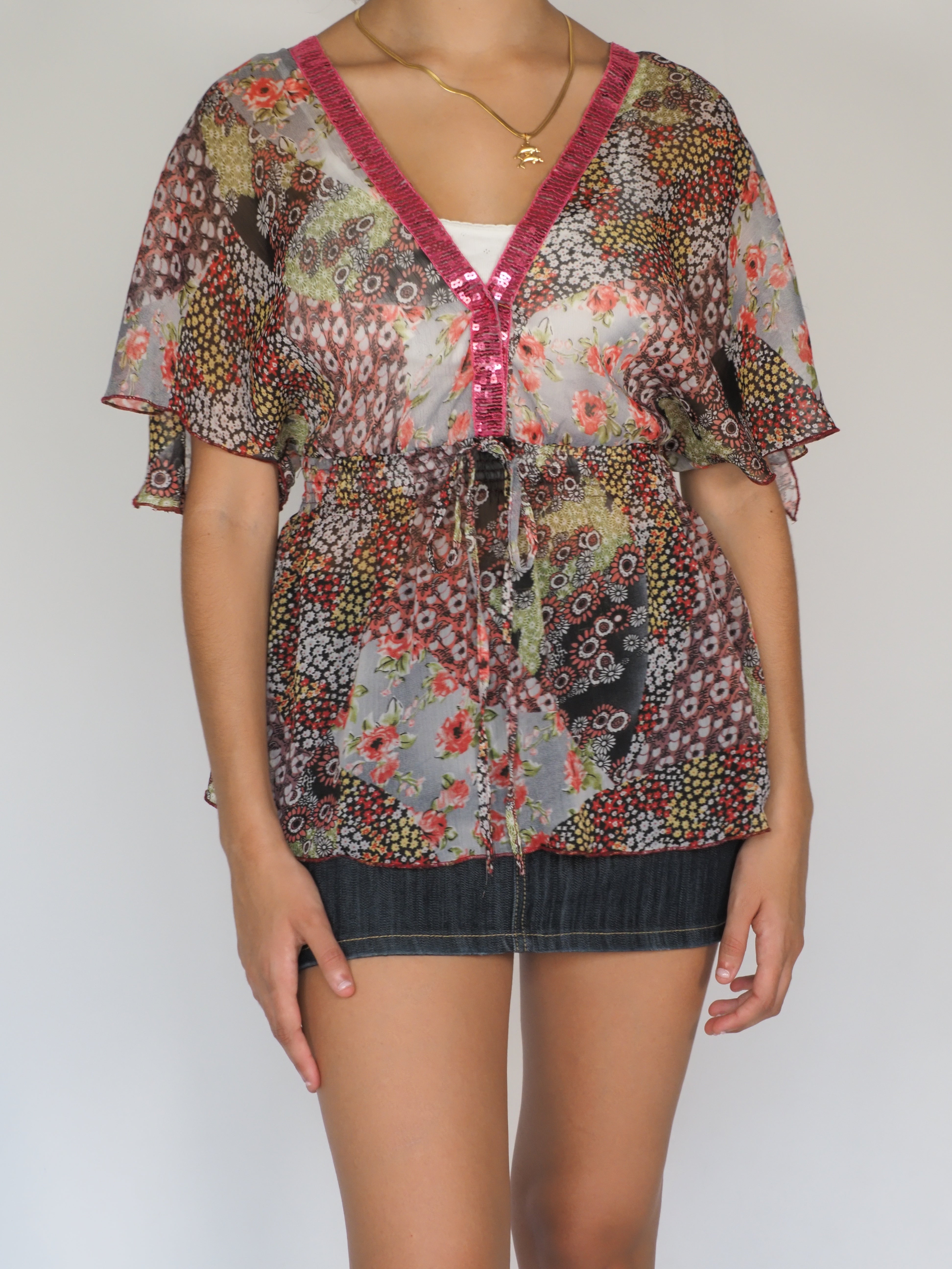 Patchwork Floral Sequin Trim Sheer Blouse
