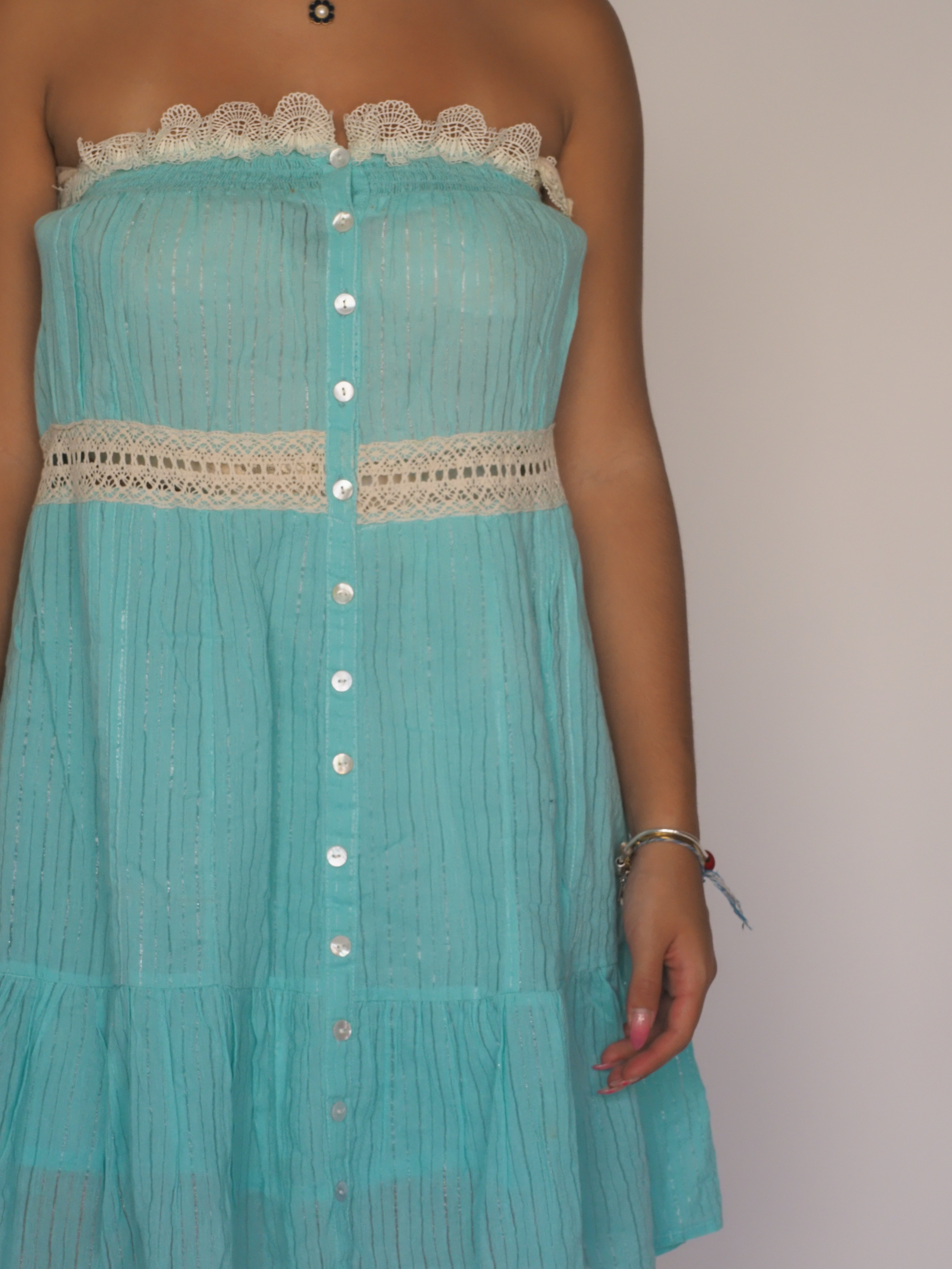 Aqua Strapless Boho Mini Dress with Crochet Trim