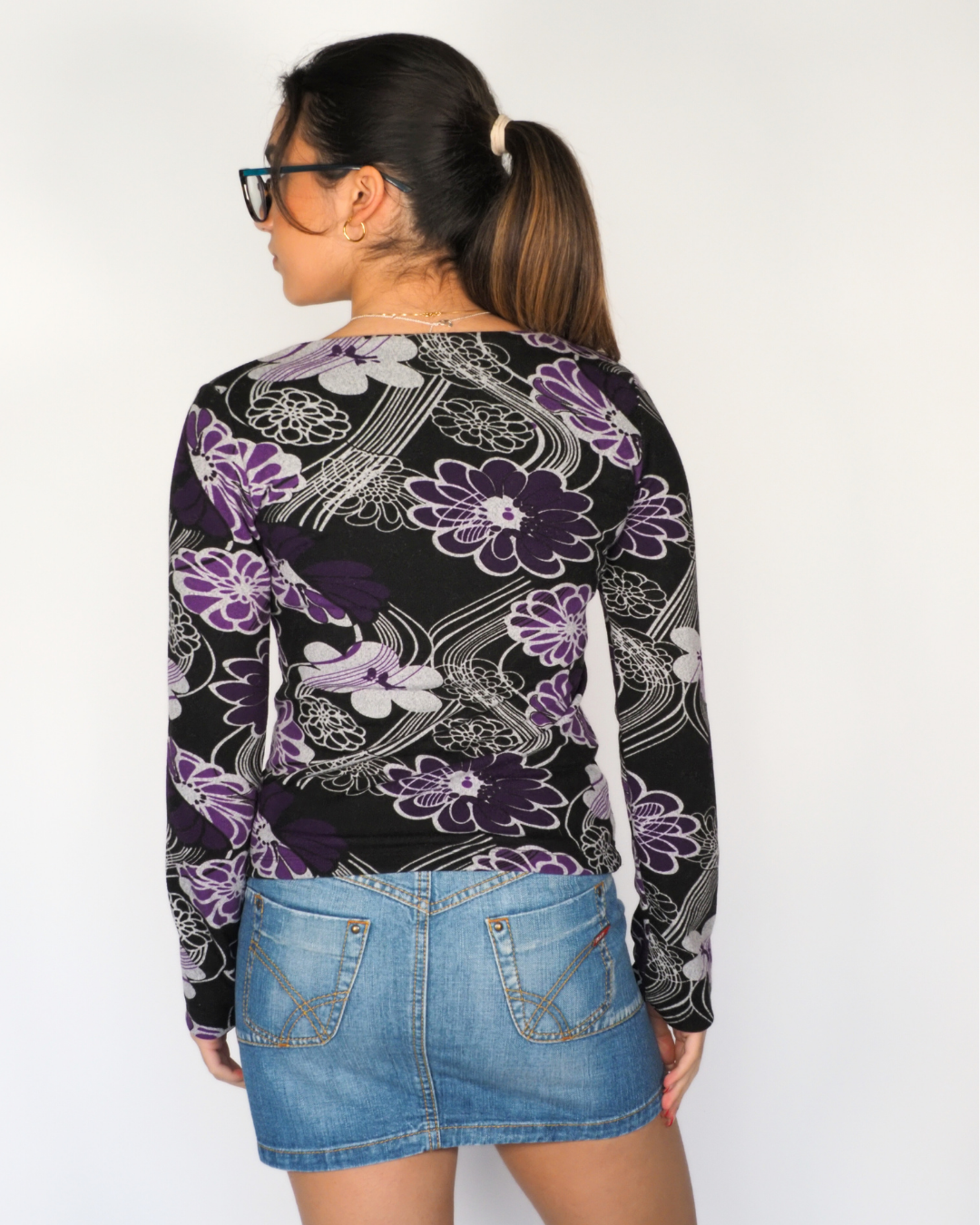 Purple Floral Y2K Long Sleeve Stretch Top