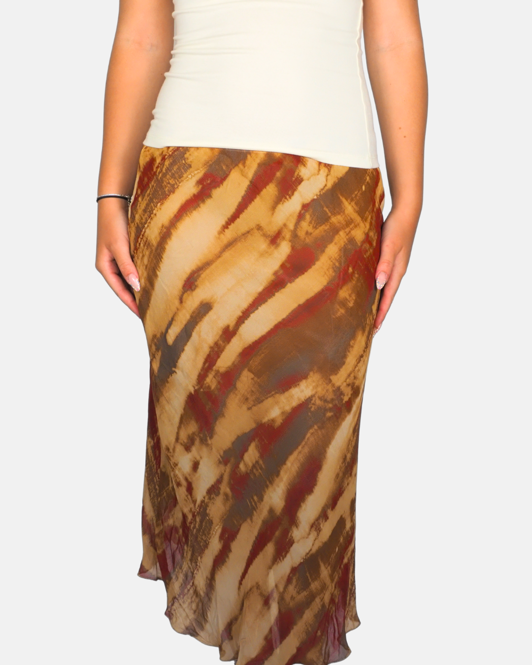 Abstract Earth-Tone Mesh Midi Skirt