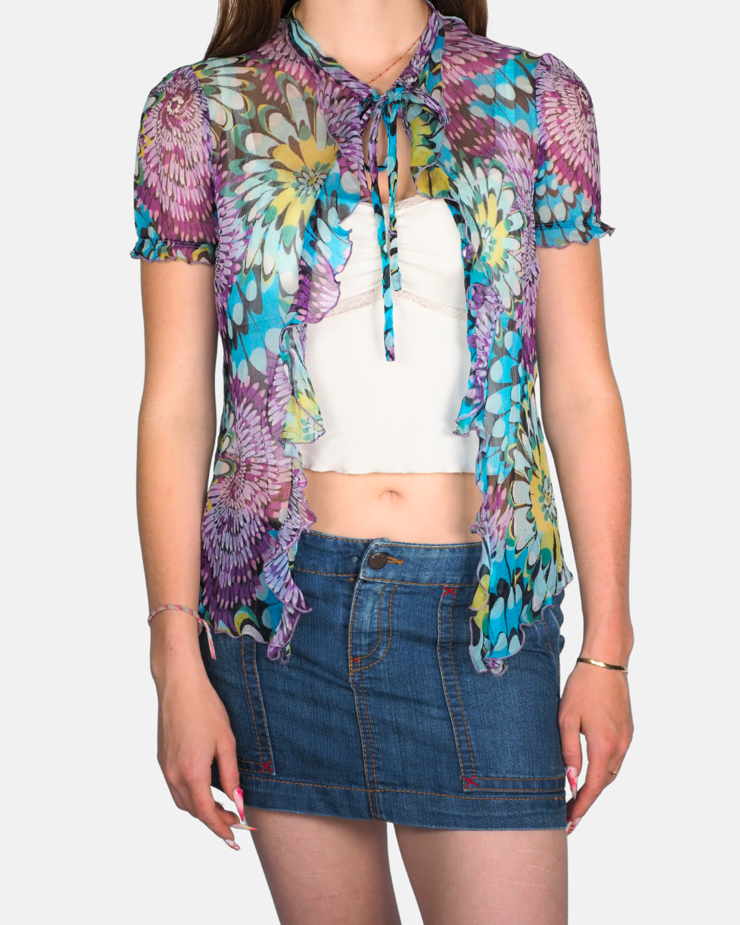 Psychedelic Floral Mesh Tie-Front Cardigan