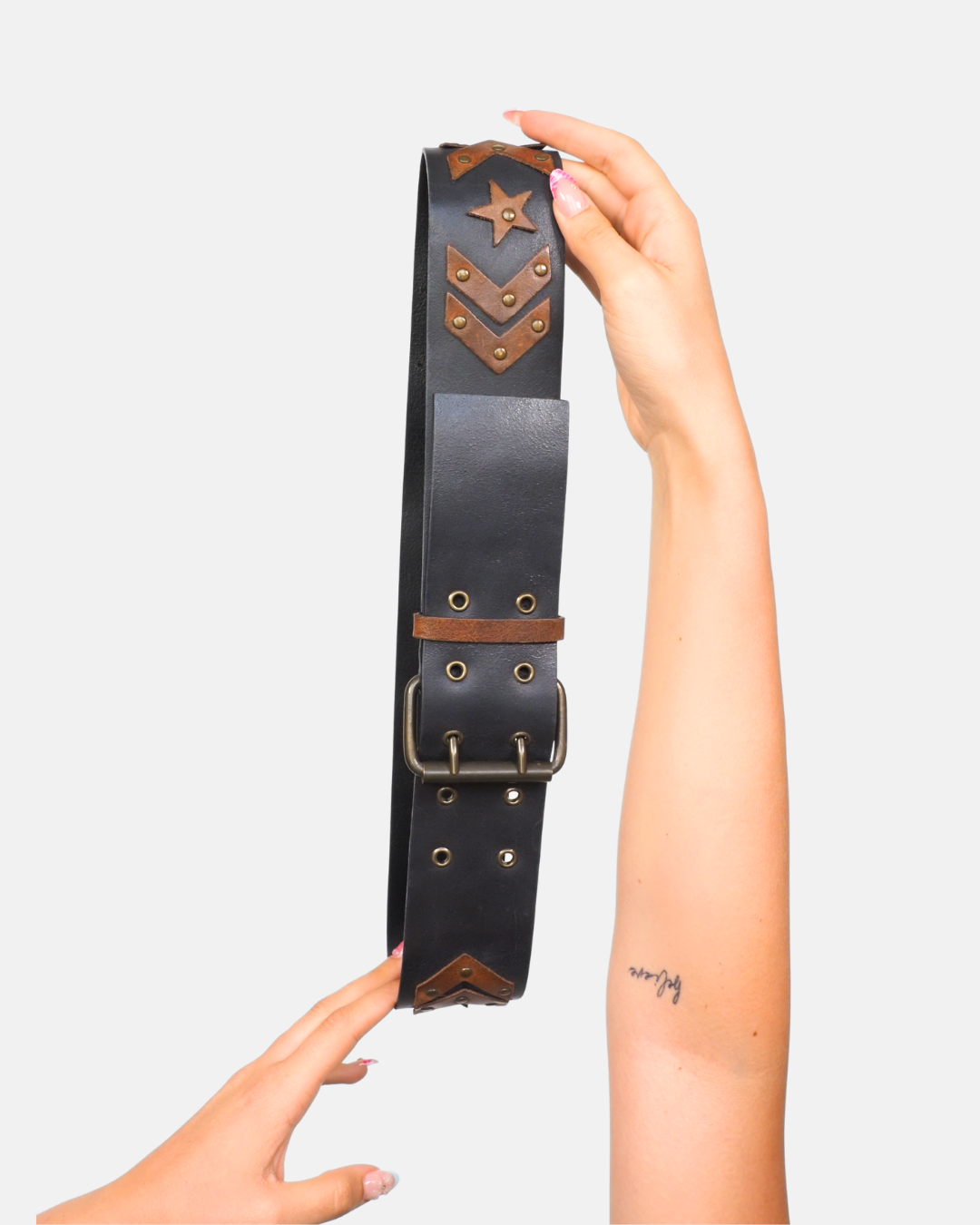 Black Wide Leather Belt with Star & Chevron Detail