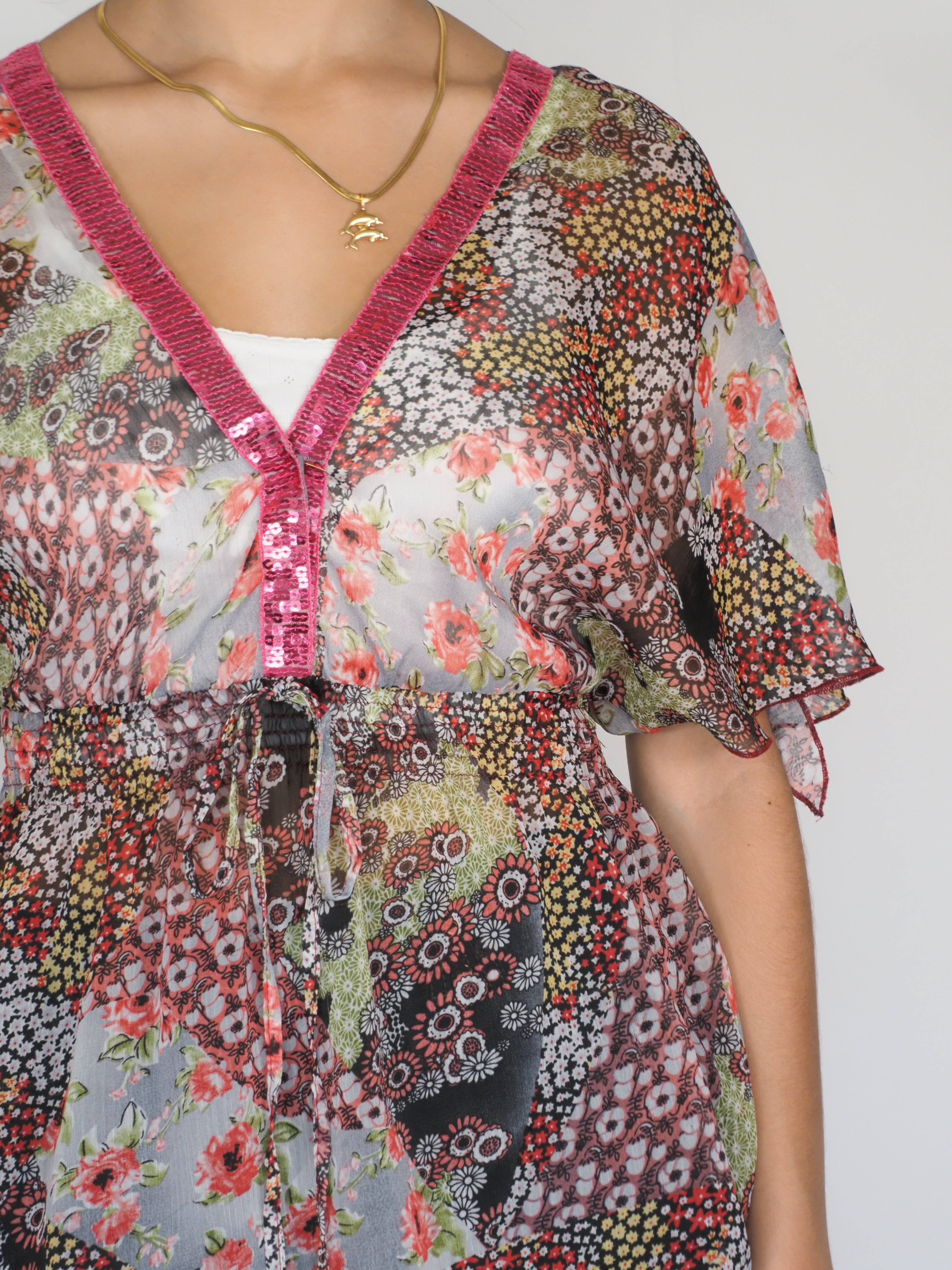 Patchwork Floral Sequin Trim Sheer Blouse