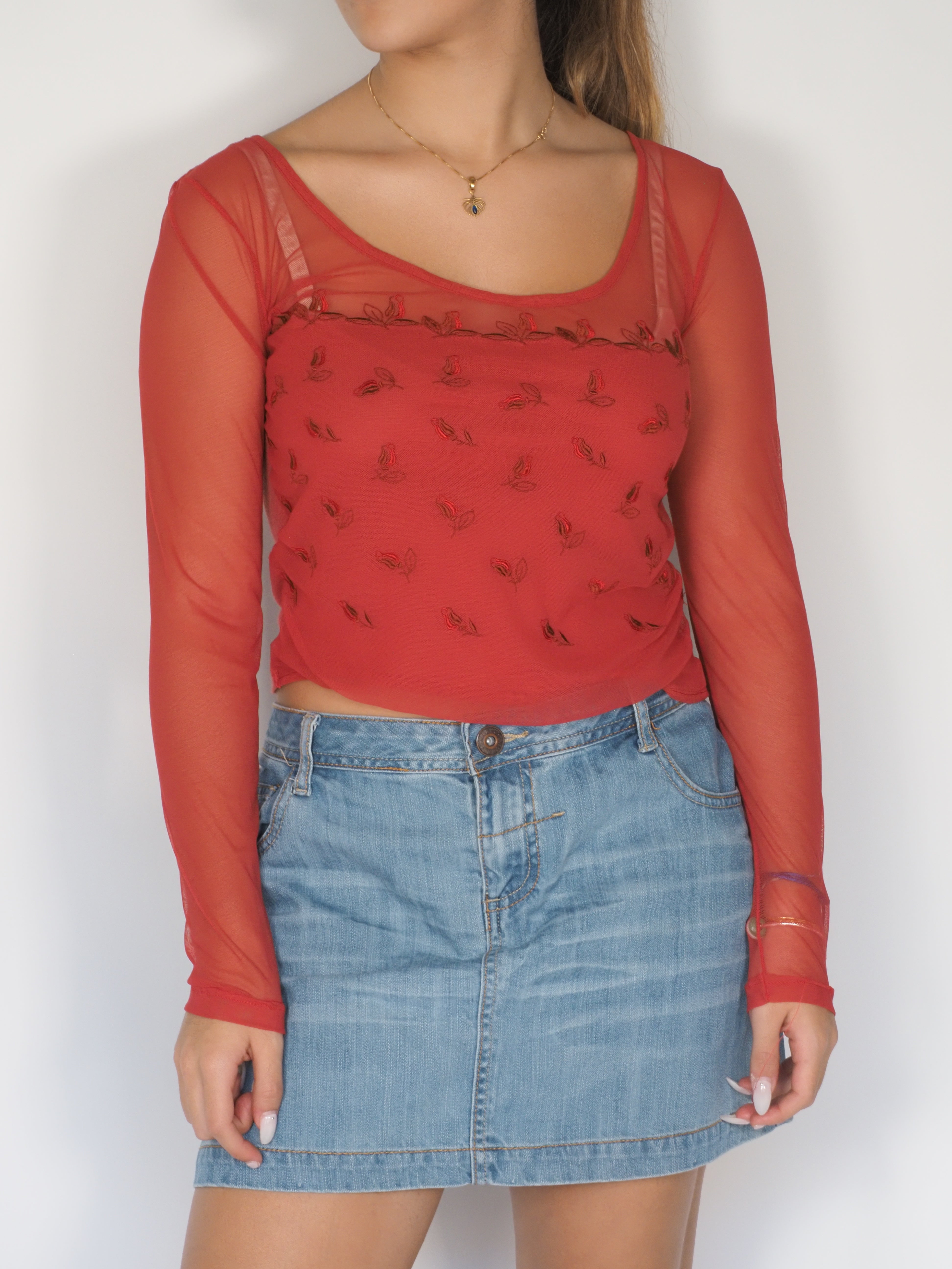 Red Mesh Embroidered Rose Top – Bolleblu