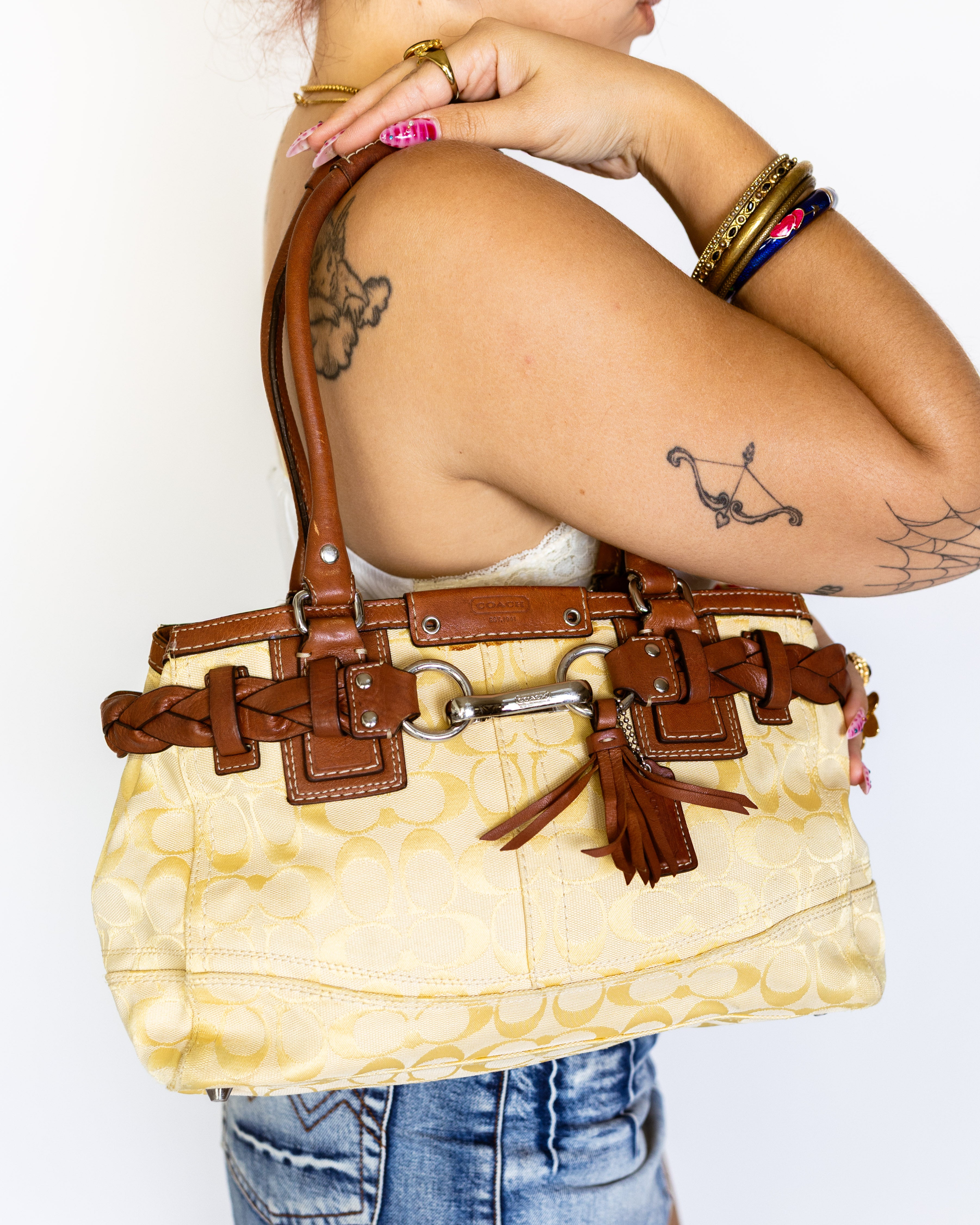 Coach Yellow Signature Duffle Satchel with Braided Leather