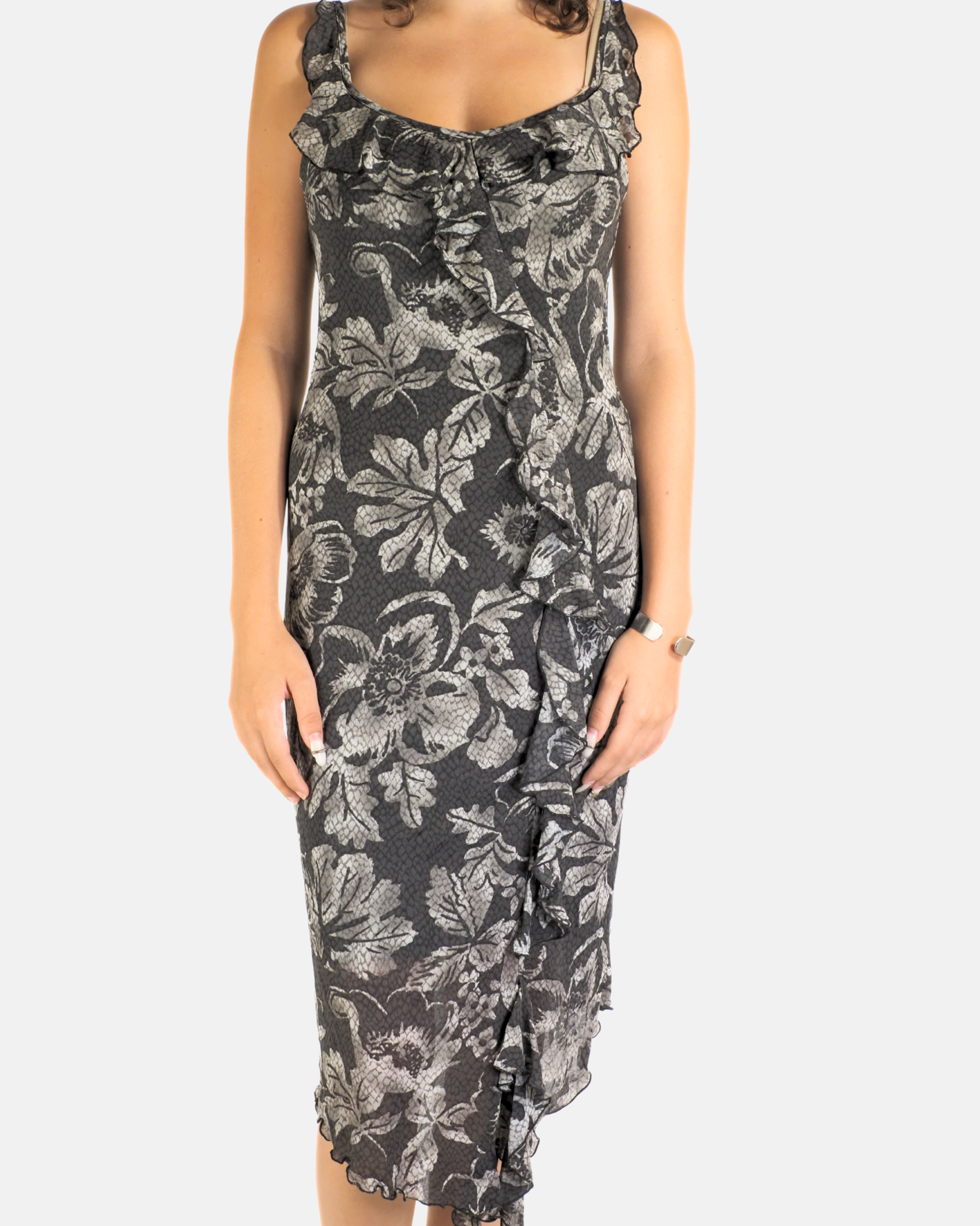 Grey Floral Ruffle Midi Dress - Kookaï
