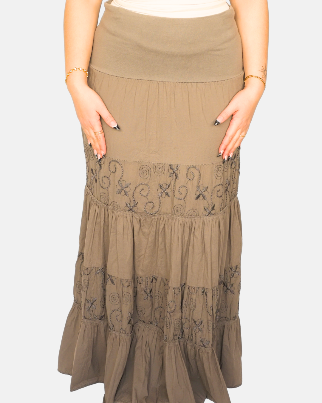 Mocha Tiered Skirt with Embroidery
