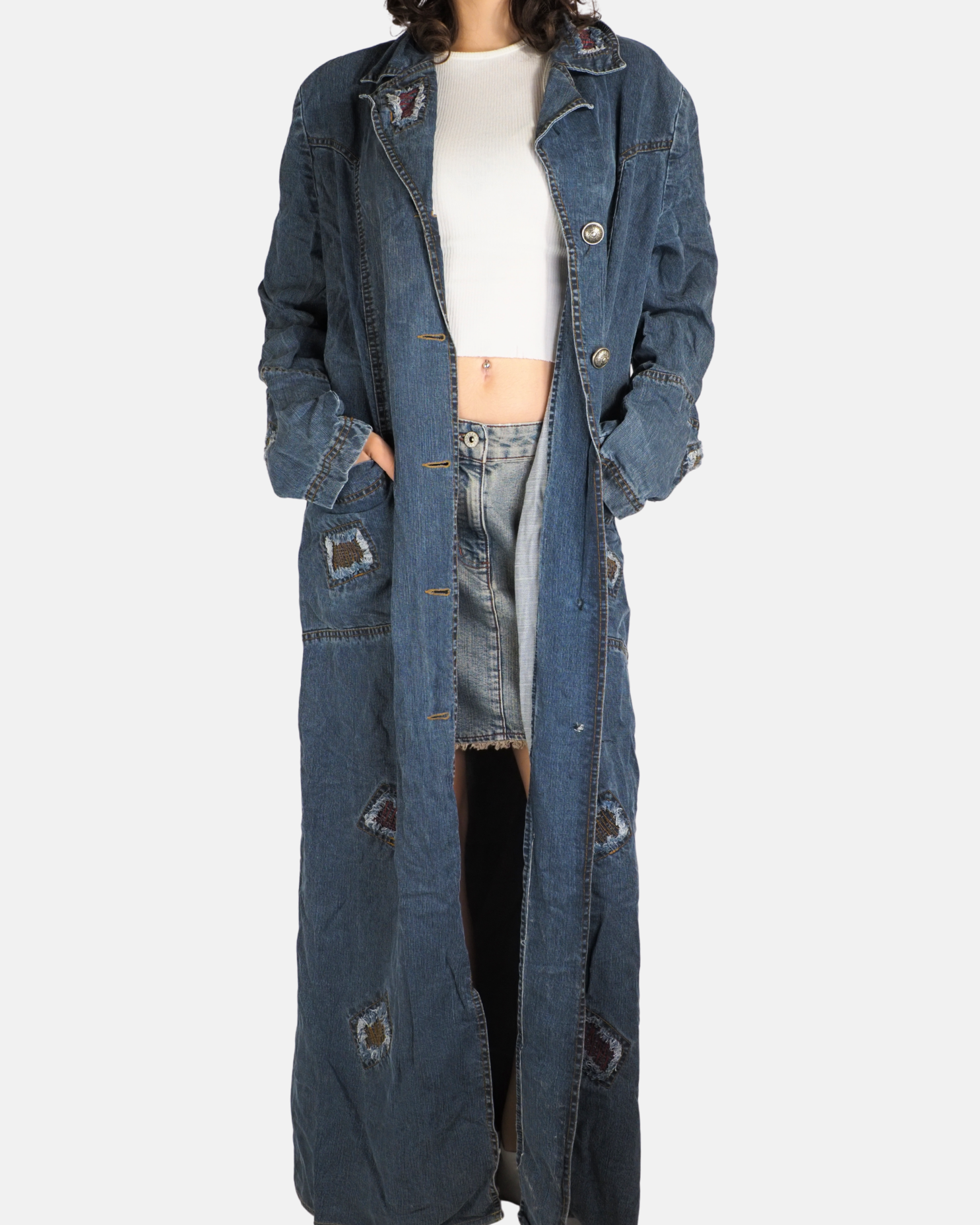 Y2K Patchwork Denim Maxi Coat - Isbilir