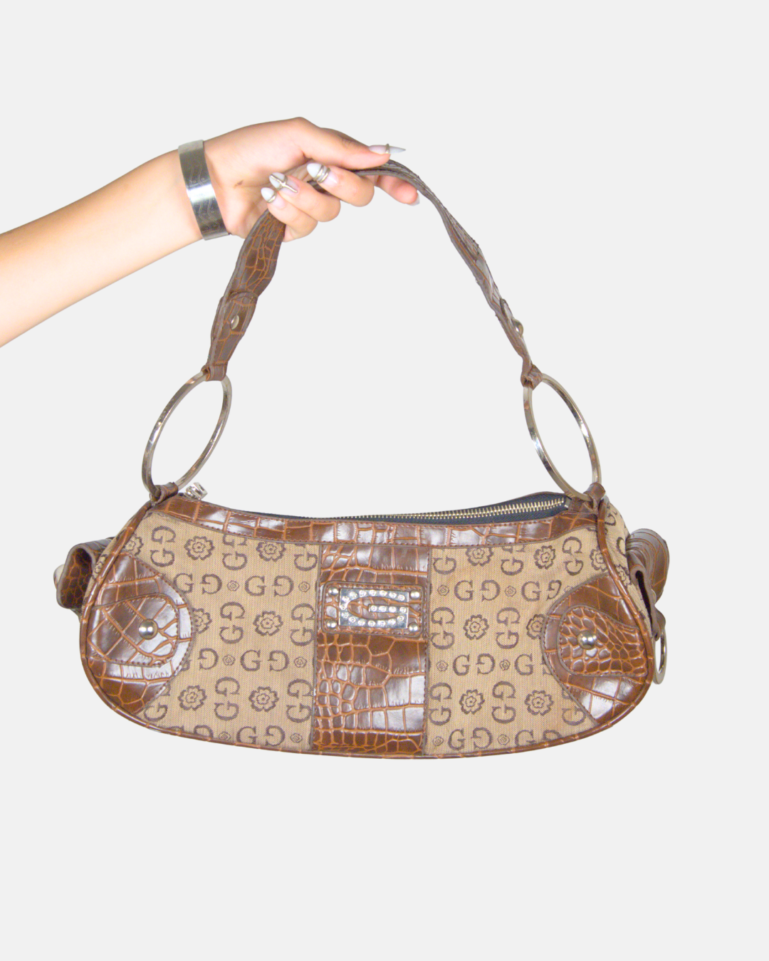 Guess Monogram Croc-Trim Baguette Bag