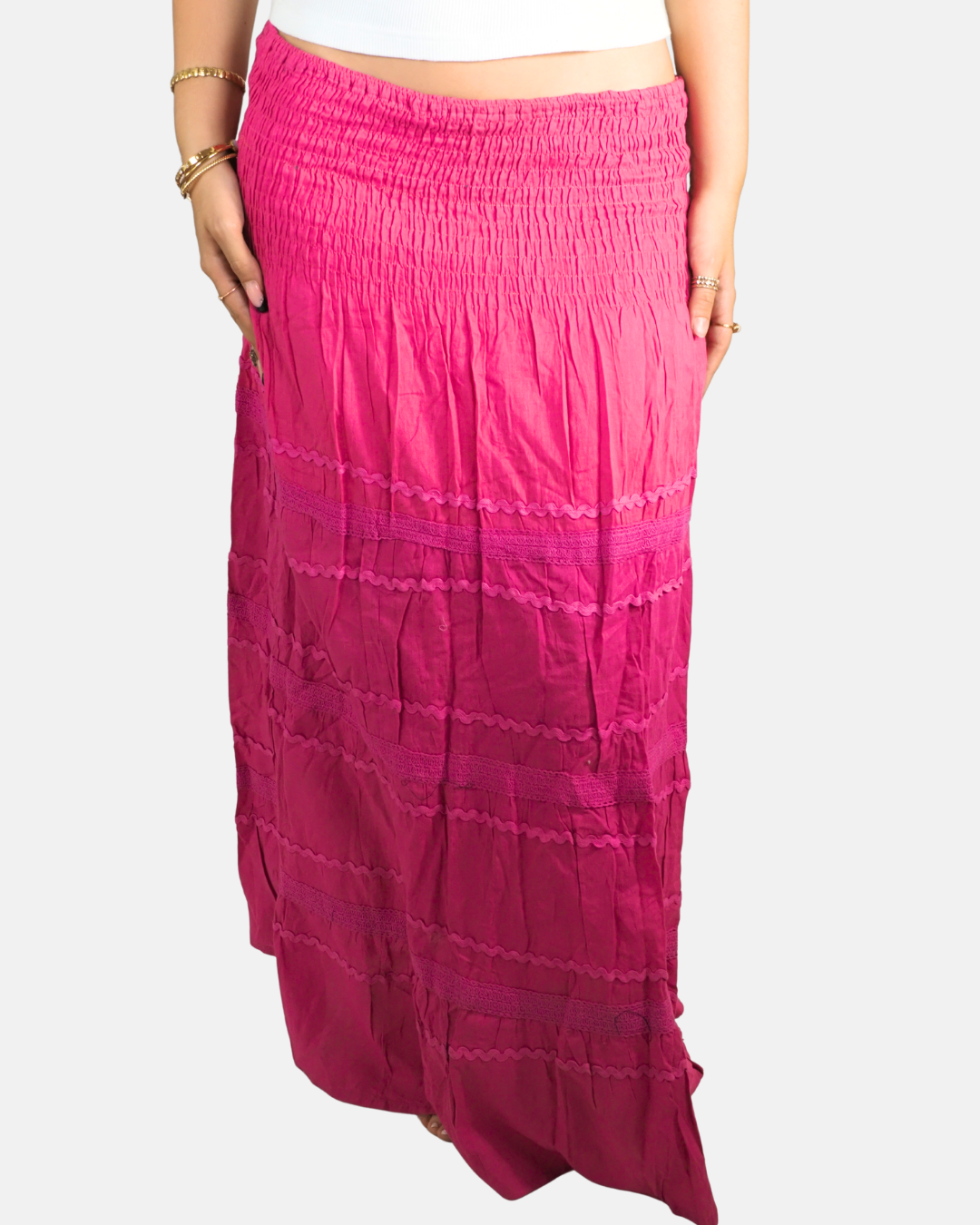 Pink Shirred Boho Maxi Skirt - Pink City
